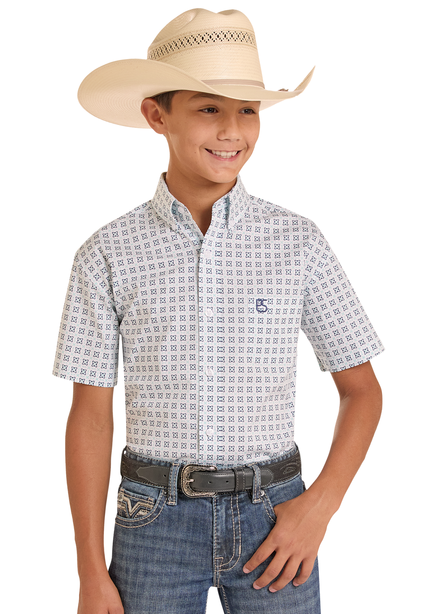 Child wearing a patterned shirt, jeans, and a cowboy hat on a white background