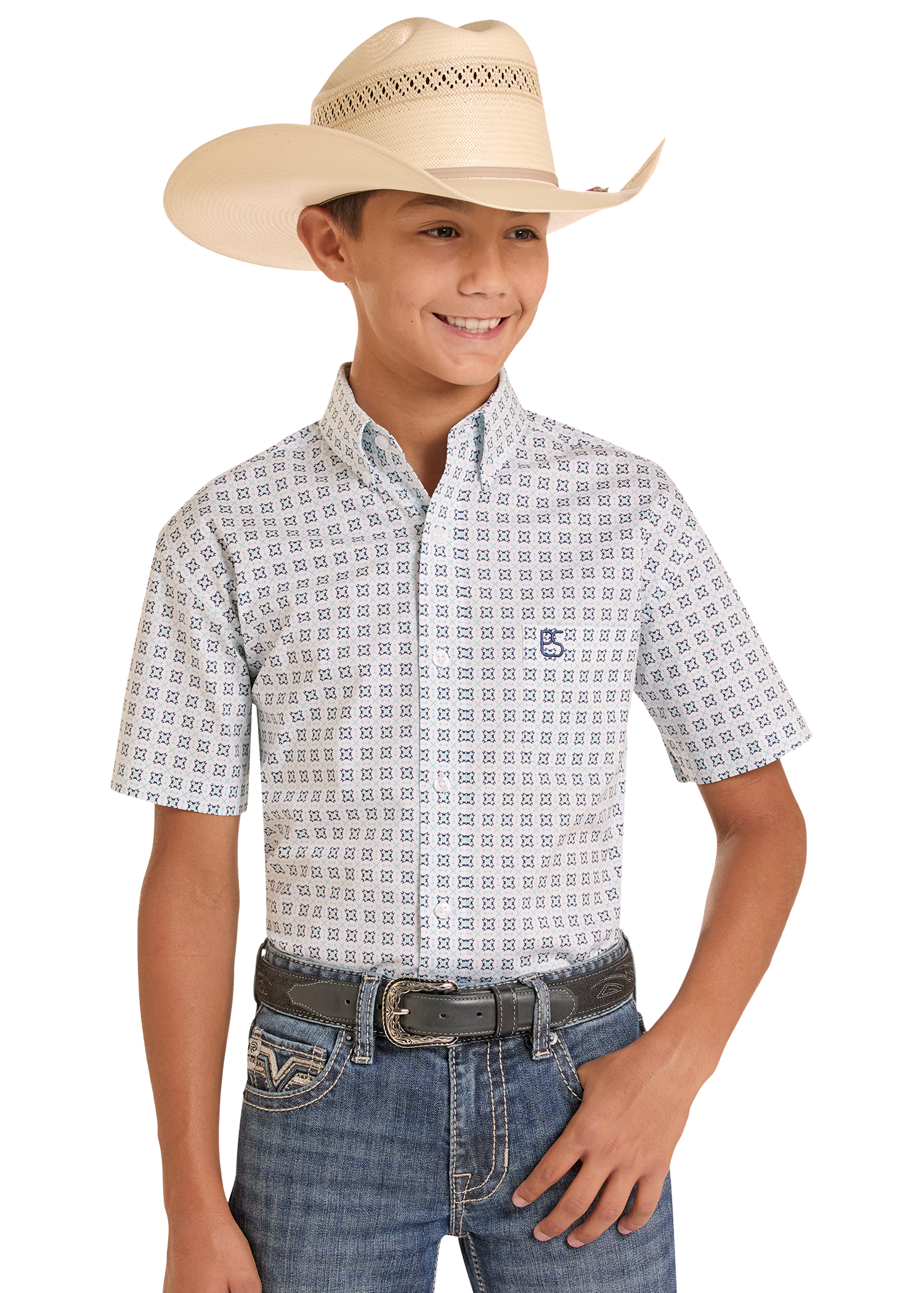 Child wearing a patterned shirt, jeans, and a cowboy hat on a white background