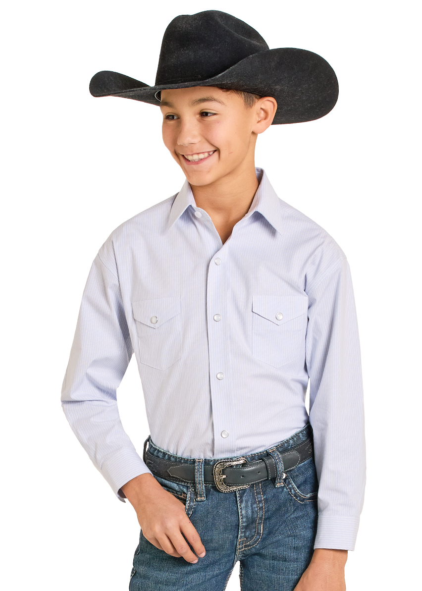 Child wearing a cowboy hat, light blue shirt, and jeans on a white background