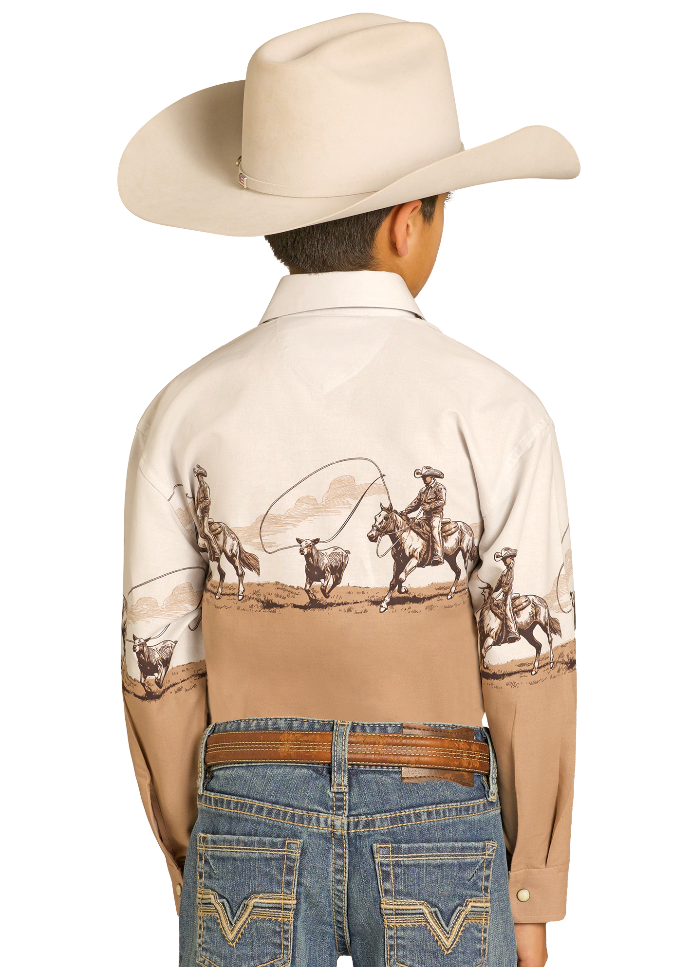 Person wearing a cowboy shirt with a graphic design of cowboys and horses, paired with jeans.