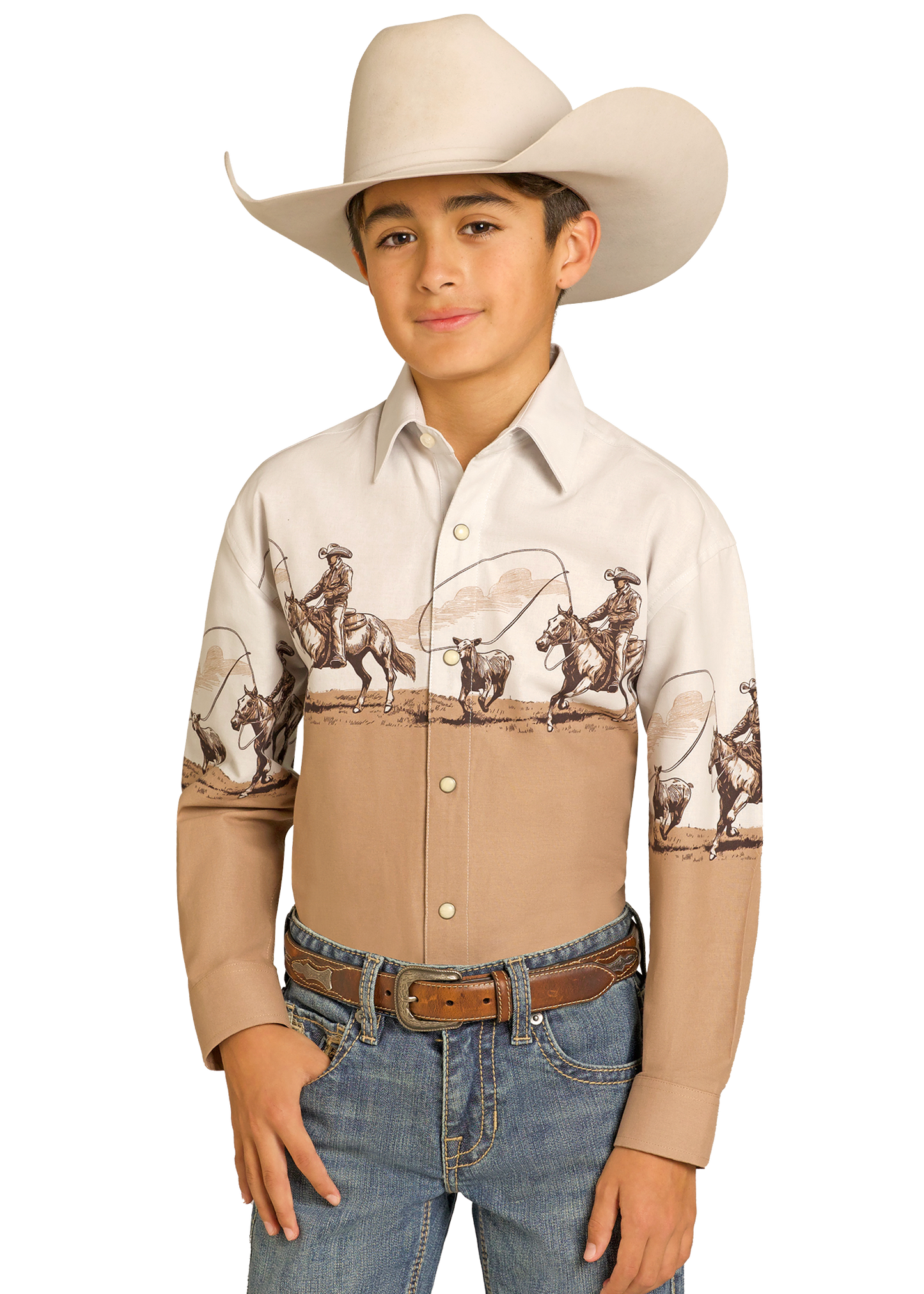 Child wearing a cowboy outfit with a patterned shirt and jeans on a white background