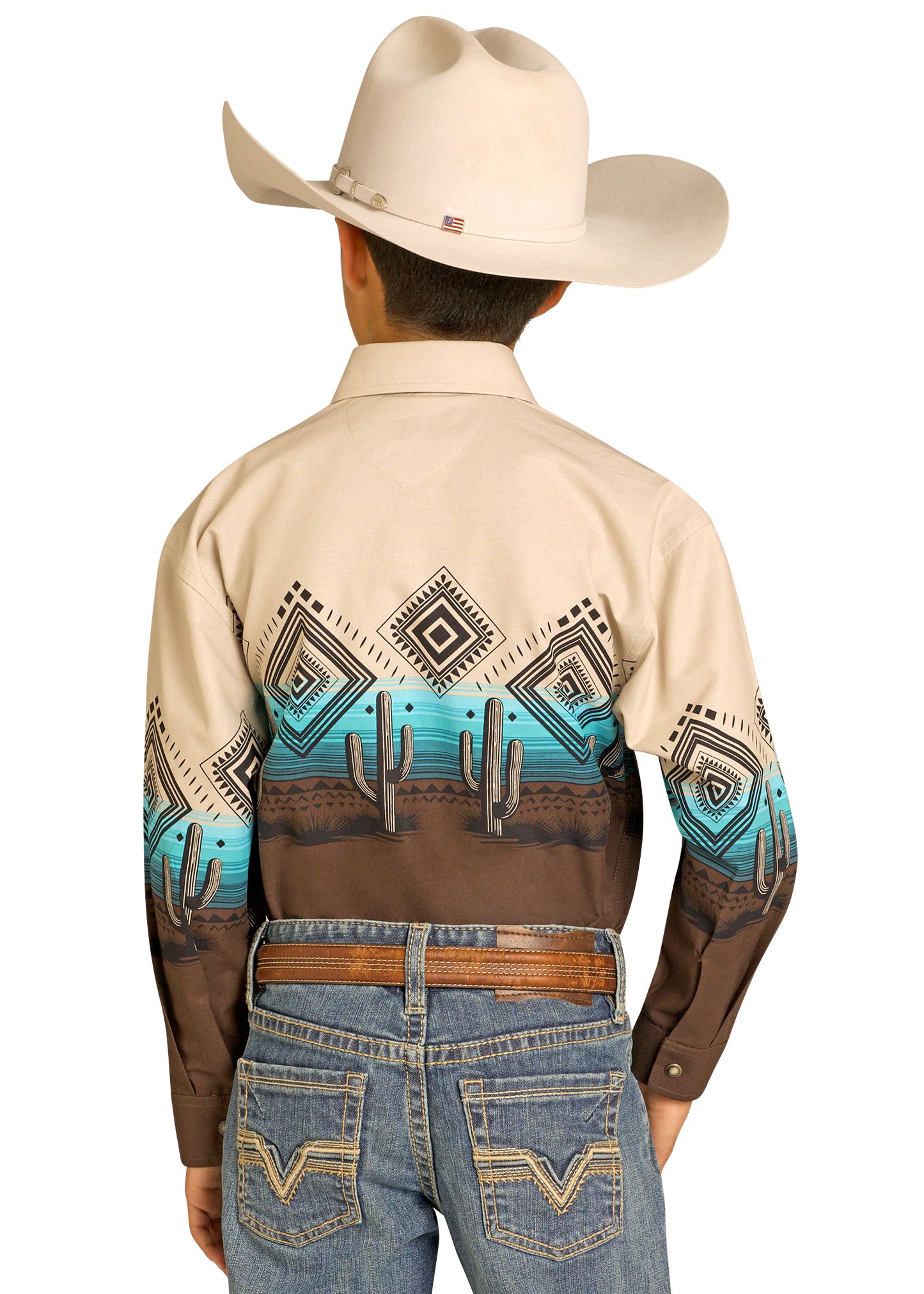 Person wearing a patterned long-sleeve shirt and cowboy hat on a white background