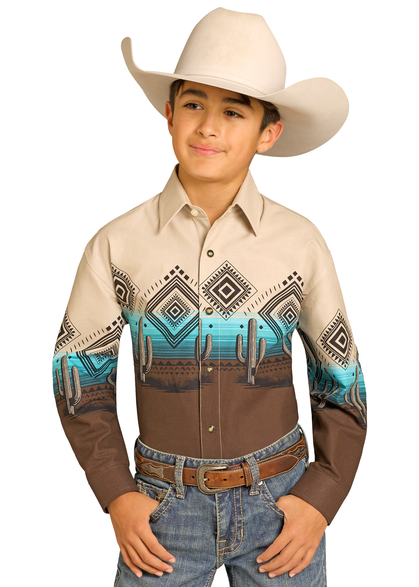 Child wearing a patterned western shirt with a cowboy hat on a white background