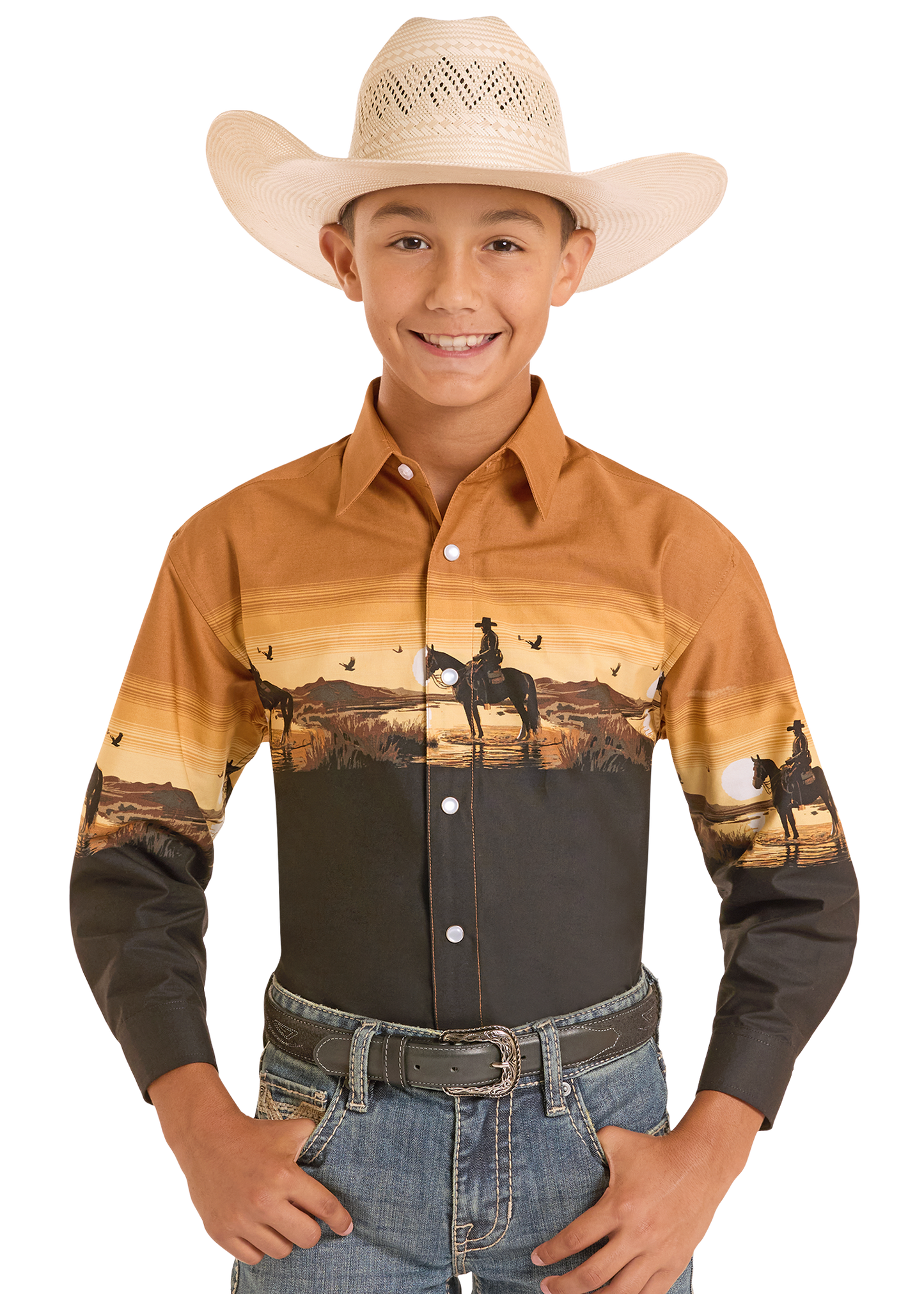 Child wearing a cowboy hat and a long-sleeve shirt with a sunset and horse design on a white background
