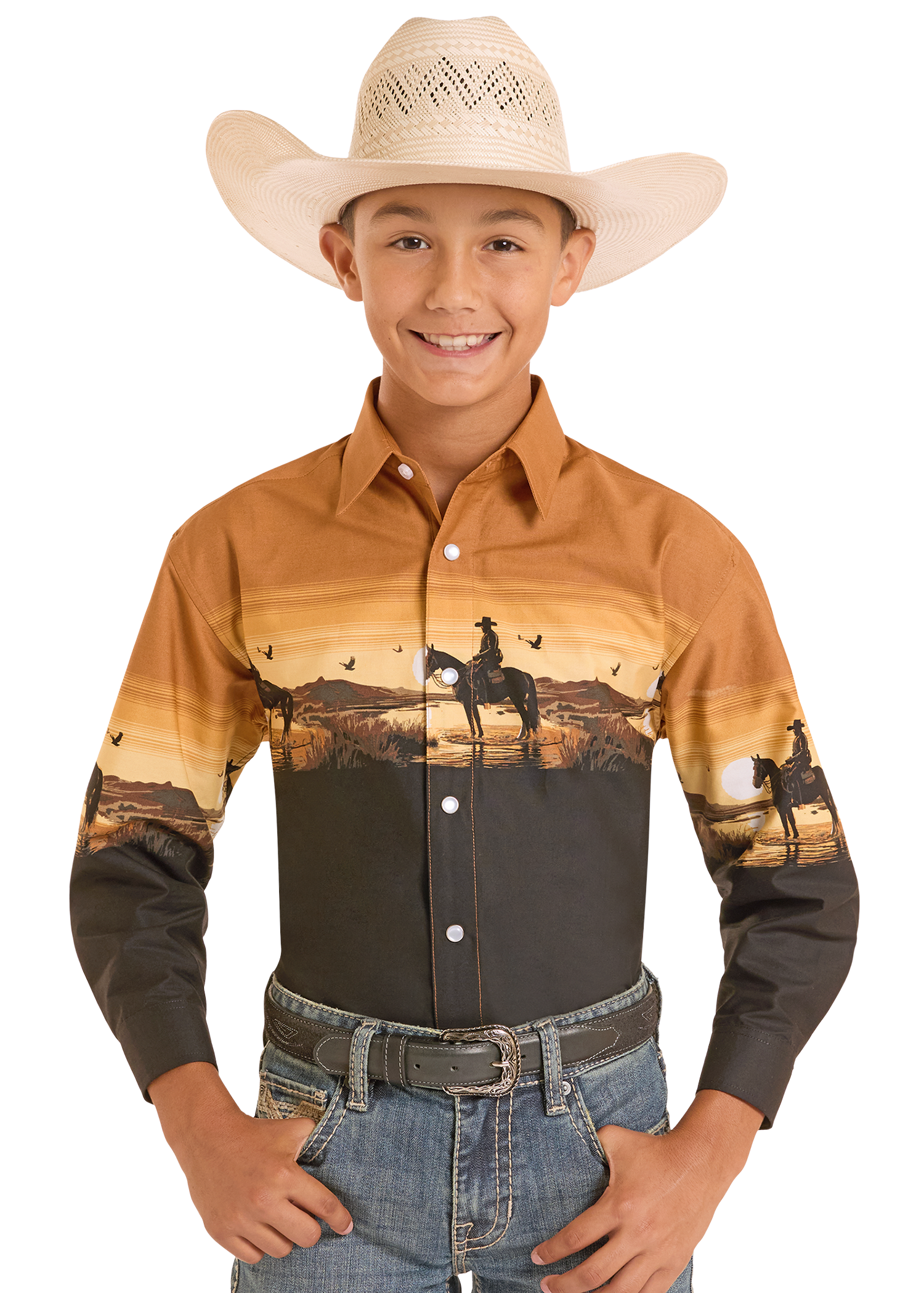 Child wearing a cowboy hat and a long-sleeve shirt with a sunset and horse design on a white background