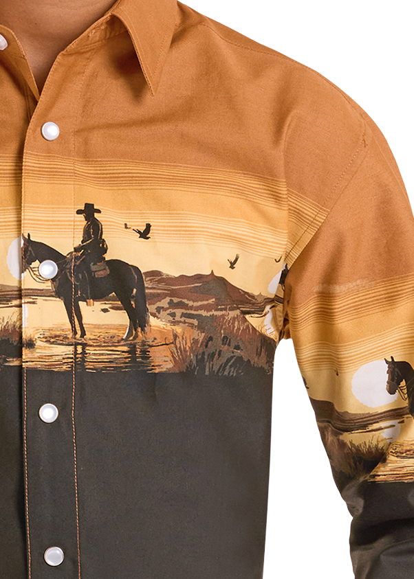 Child wearing a cowboy hat and a long-sleeve shirt with a sunset and horse design on a white background