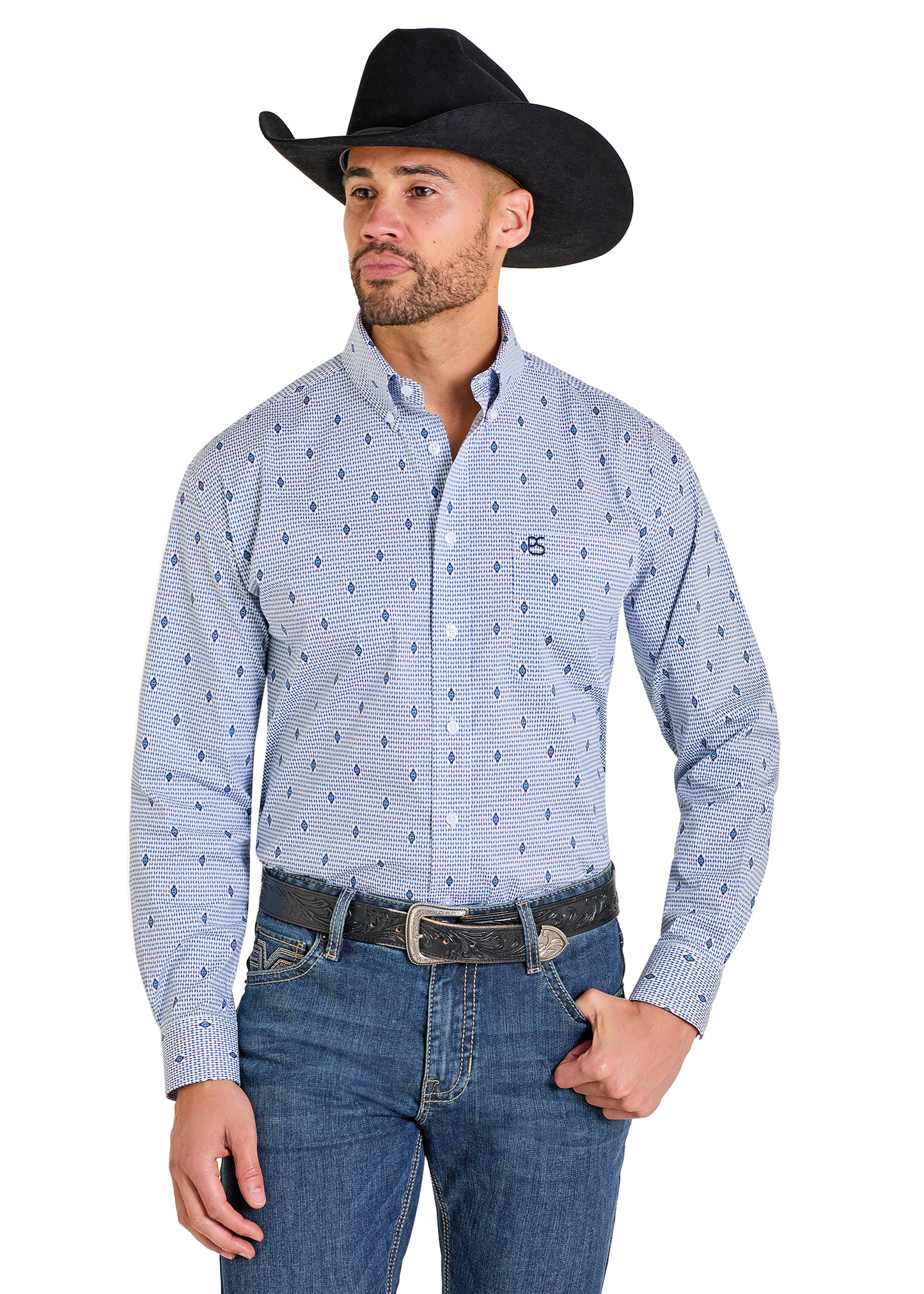 Man wearing a blue patterned shirt, black cowboy hat, and jeans on a white background