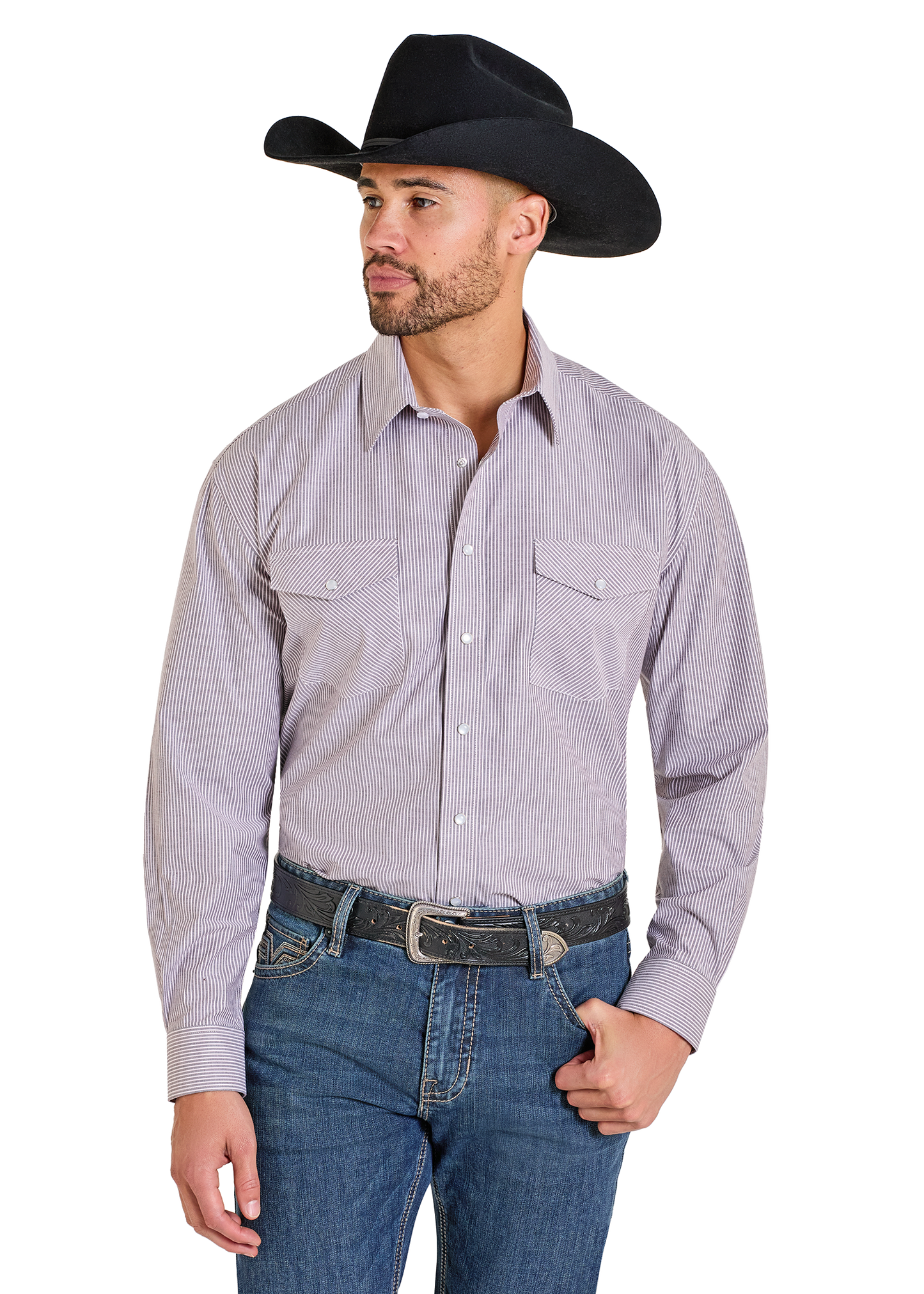 Man wearing a checkered shirt, jeans, and a black cowboy hat on a white background