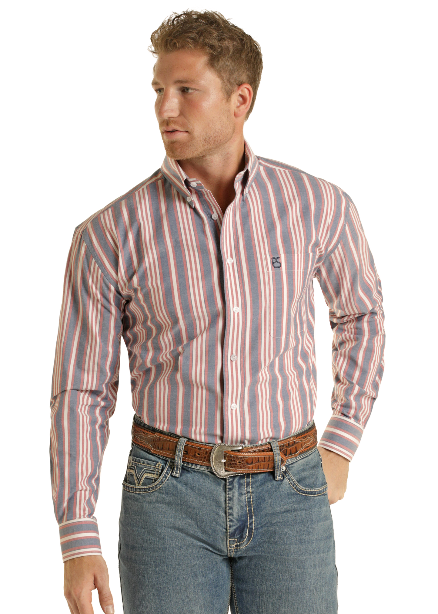 Man wearing a striped shirt and jeans on a white background