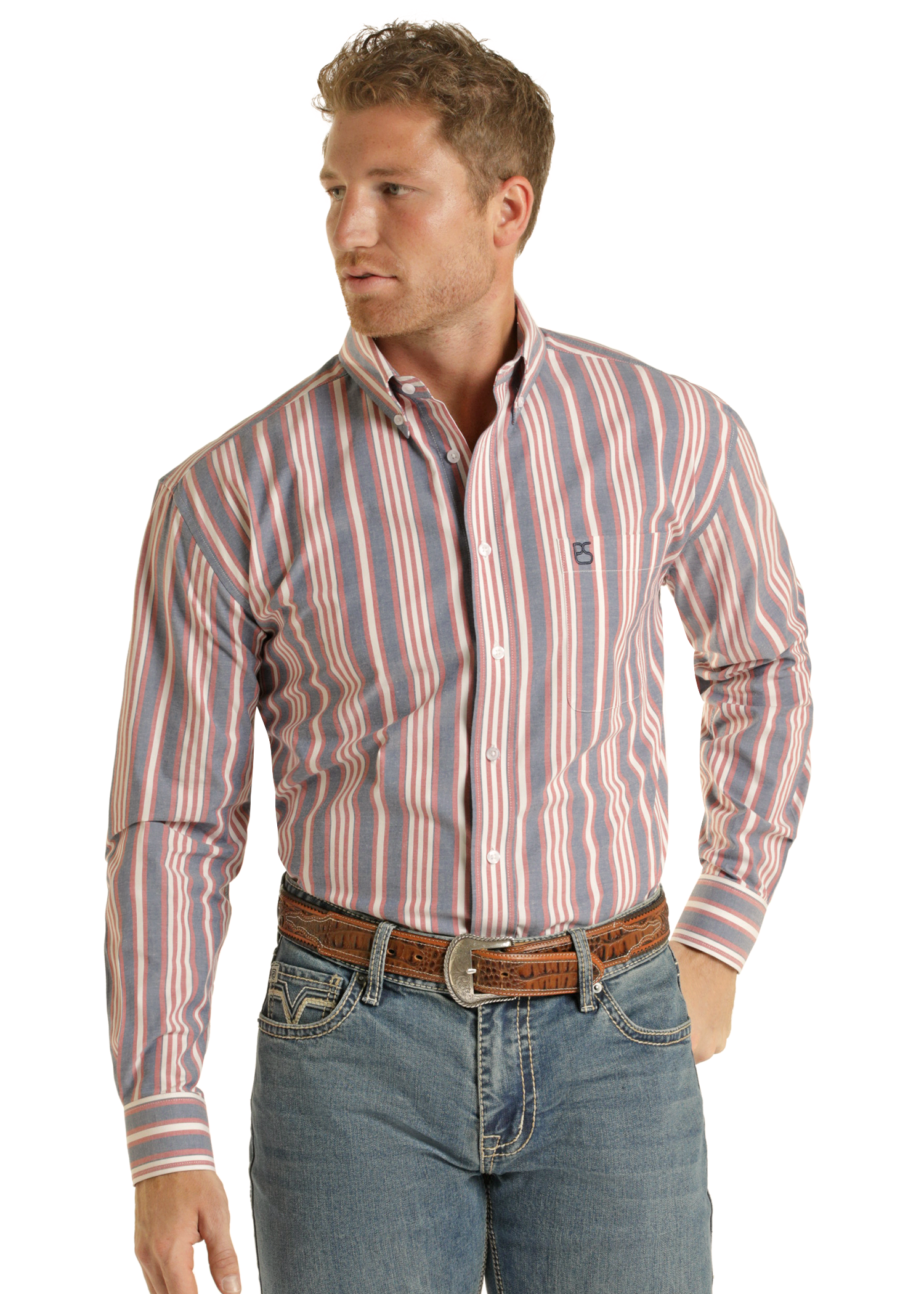 Man wearing a striped shirt and jeans on a white background