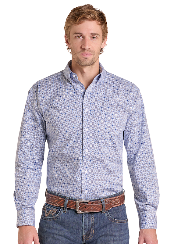 man wearing a light blue and white patterned button-down shirt.