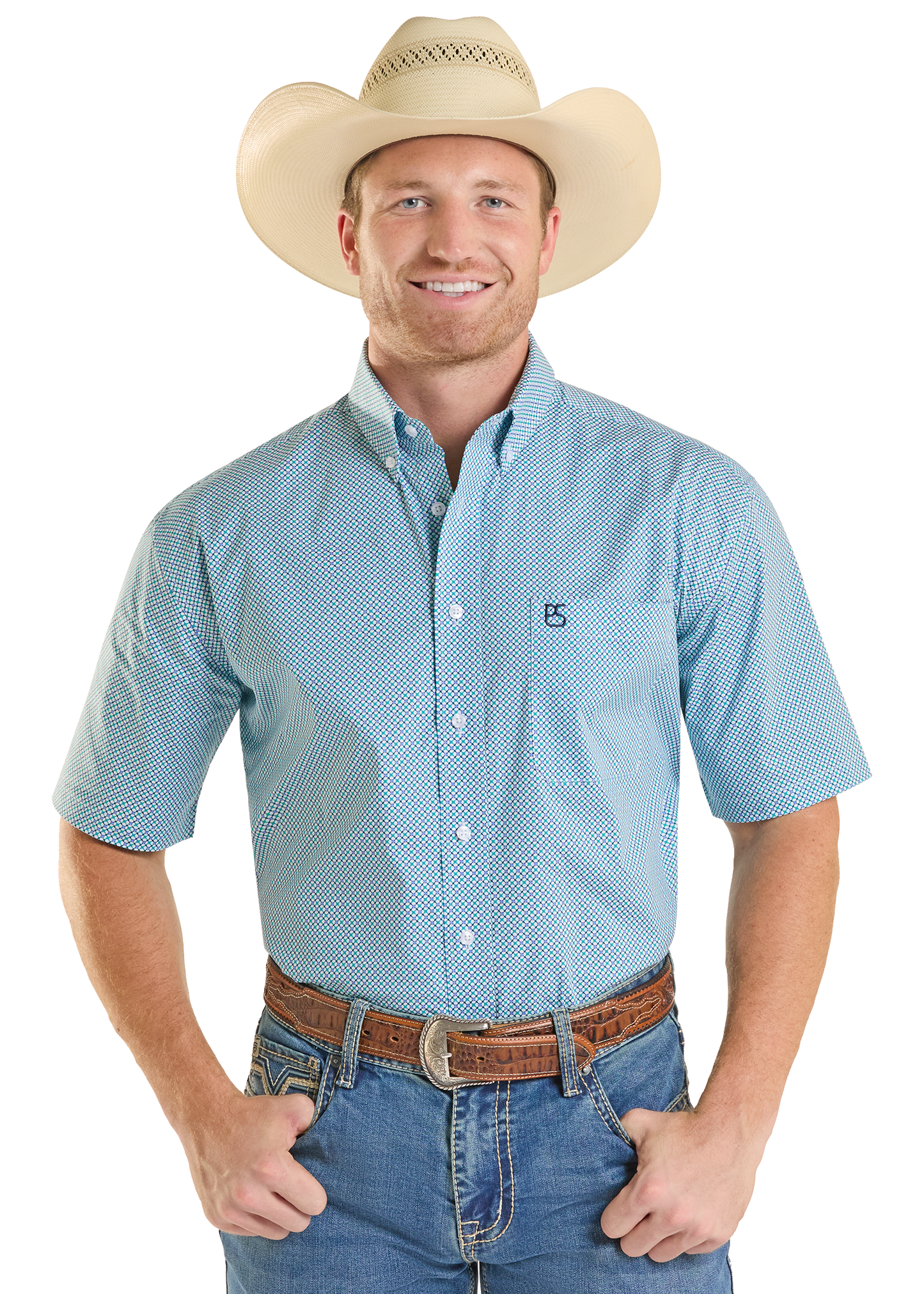 Man wearing a light blue patterned shirt, jeans, and a cowboy hat on a white background