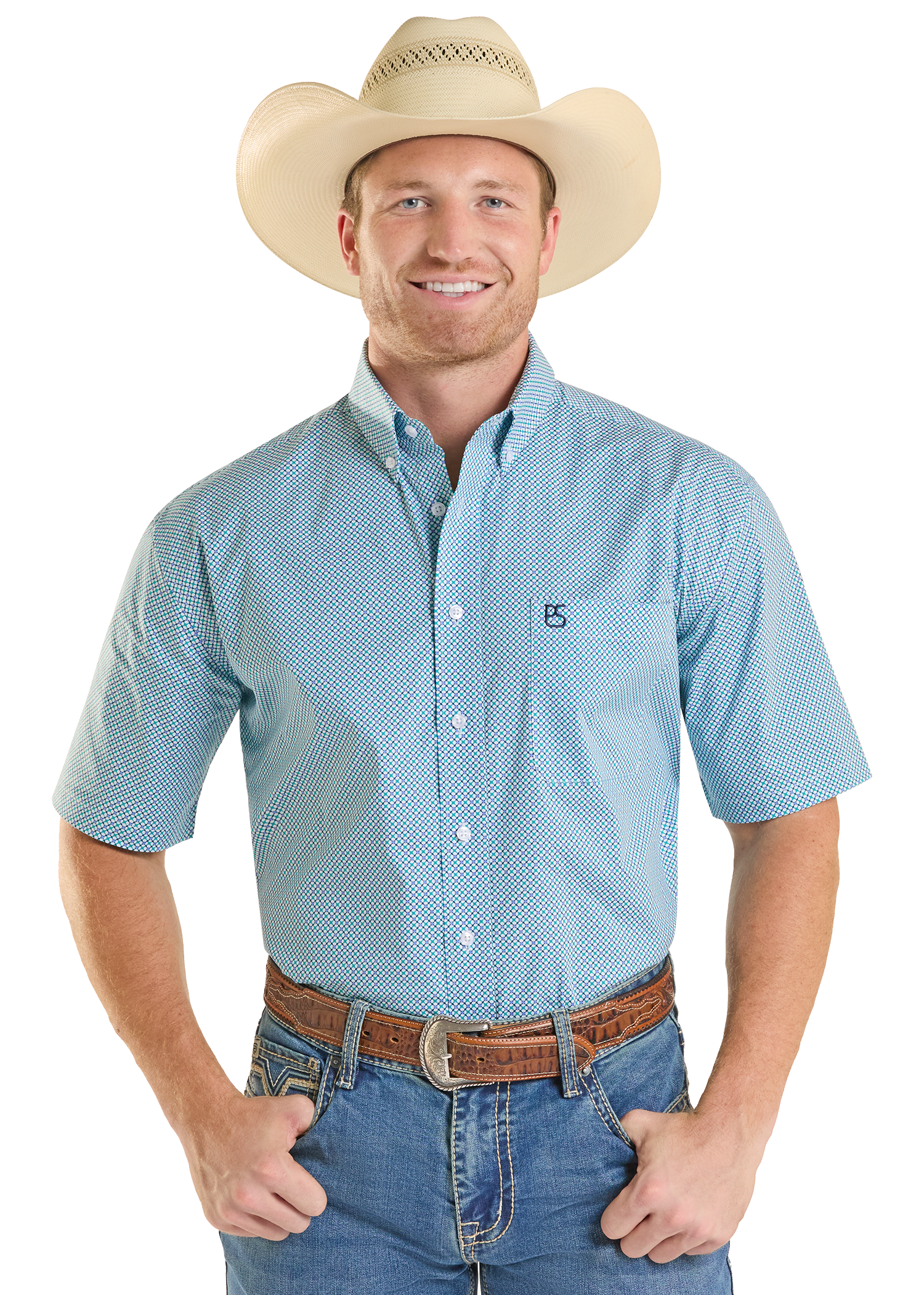Man wearing a light blue patterned shirt, jeans, and a cowboy hat on a white background