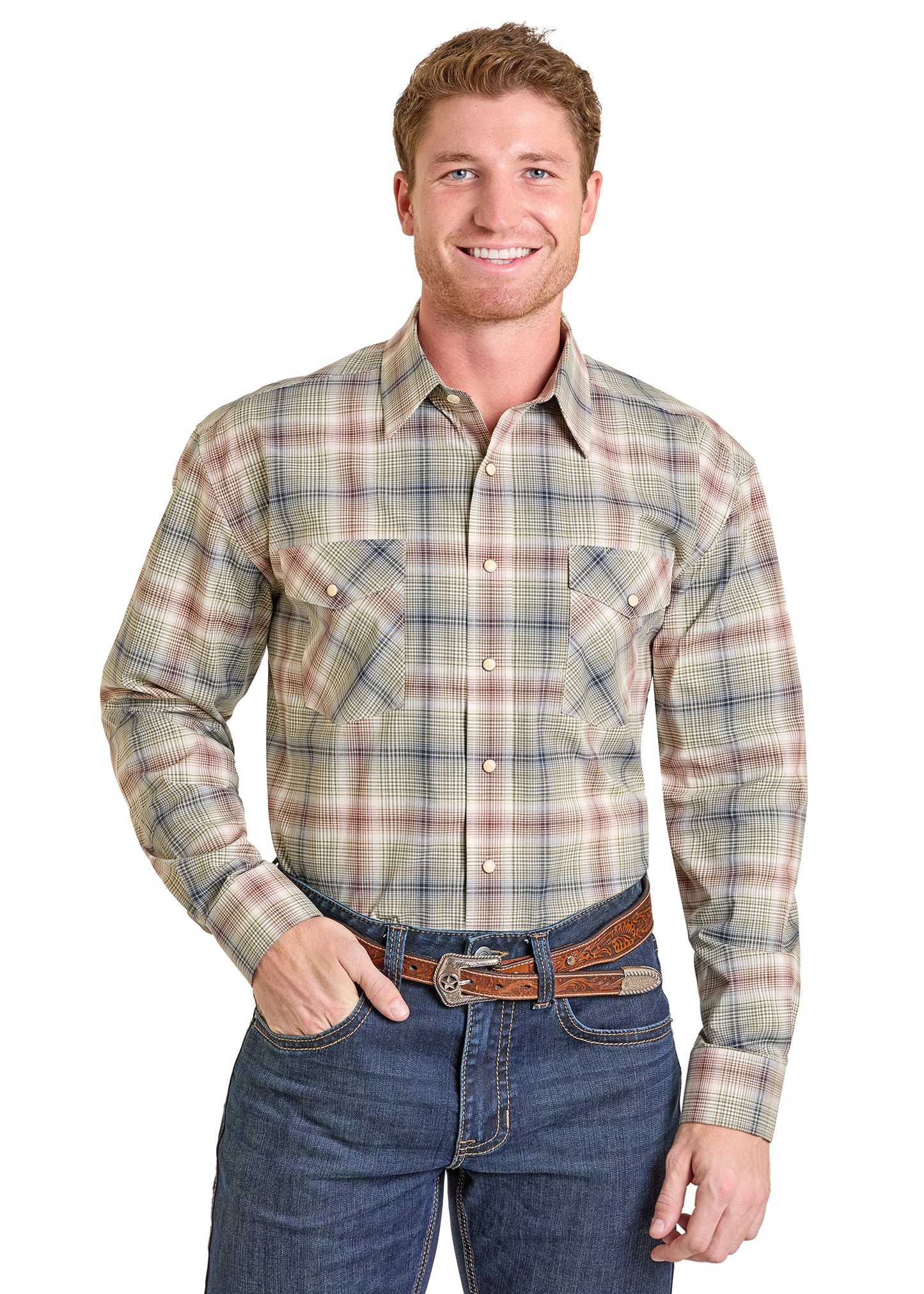 Men's Regular Fit Ombre Plaid Long Sleeve Snap Shirt | Panhandle Slim