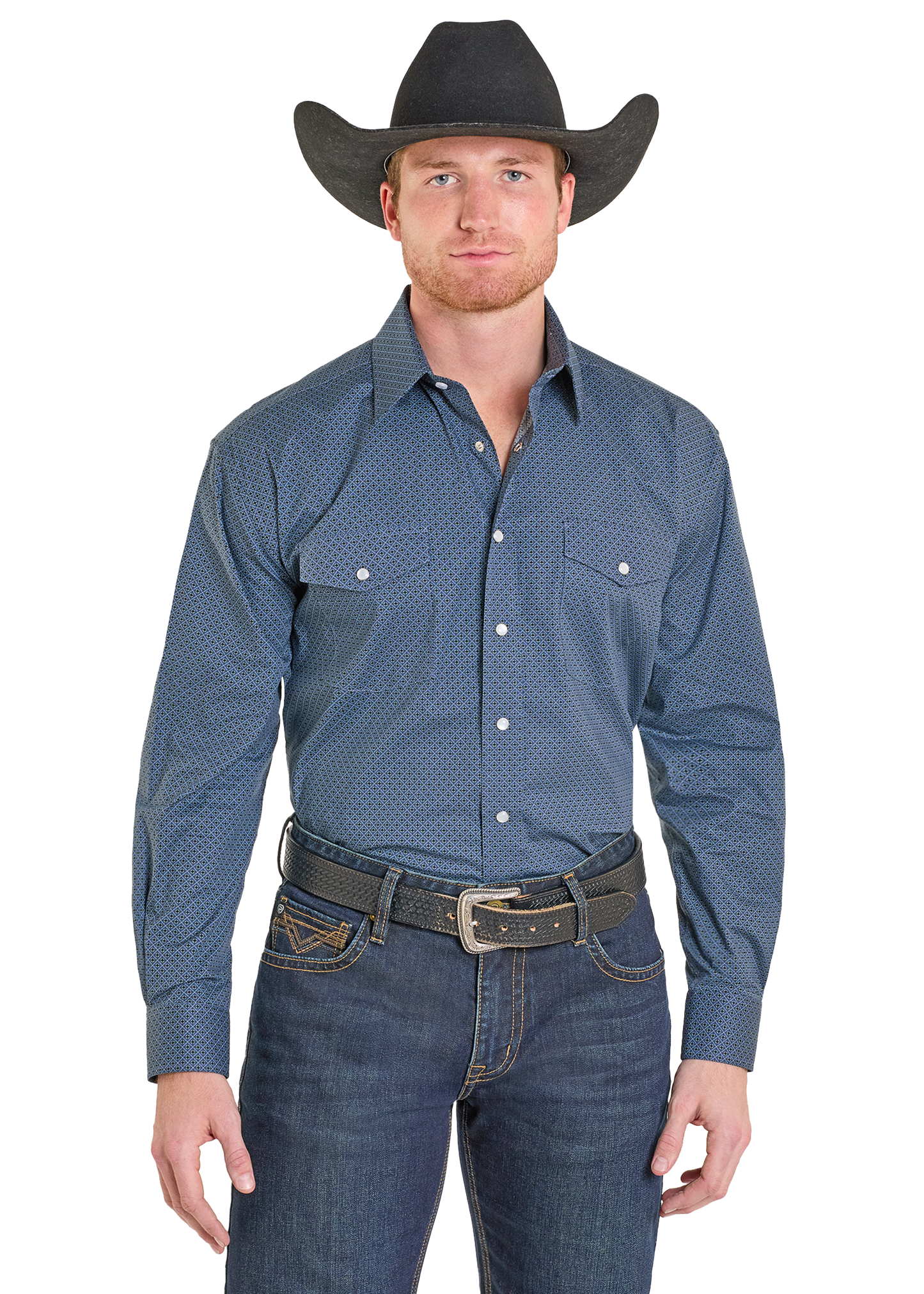 Man wearing a blue patterned shirt, jeans, and a black cowboy hat on a white background
