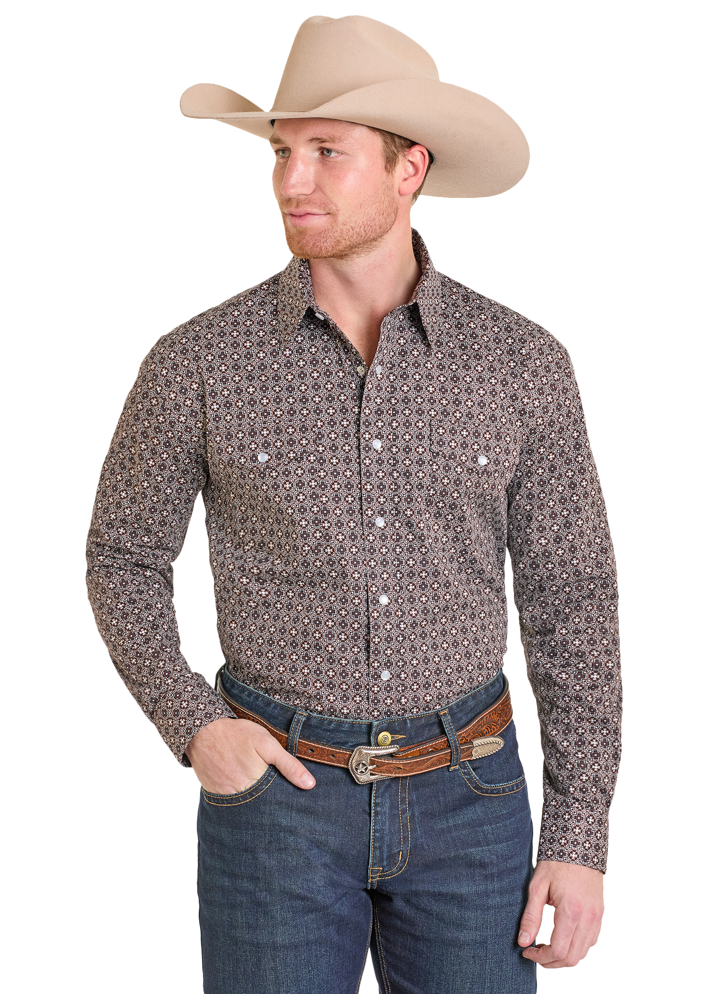 Man wearing a patterned button-up shirt, jeans, and a cowboy hat on a white background