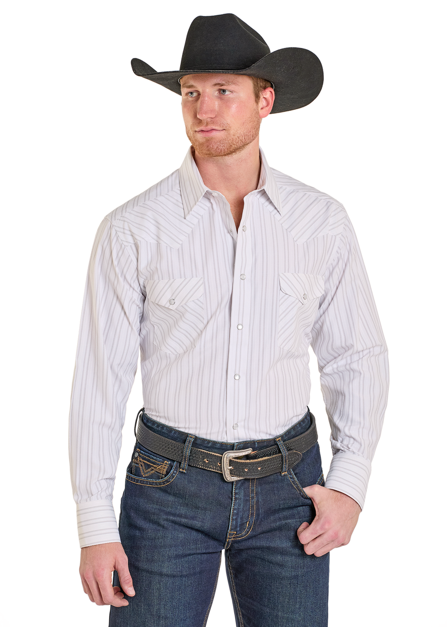Man wearing a striped shirt, jeans, and a cowboy hat on a white background