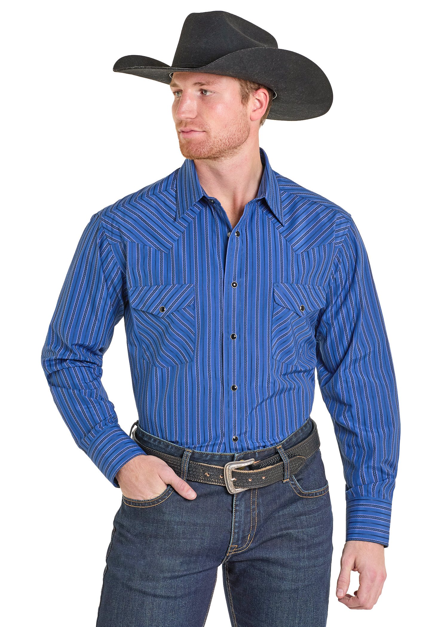 Men's Blue Stripe Long Sleeve Snap Shirt S Men's Blue Stripe Long Sleeve Snap Shirt S