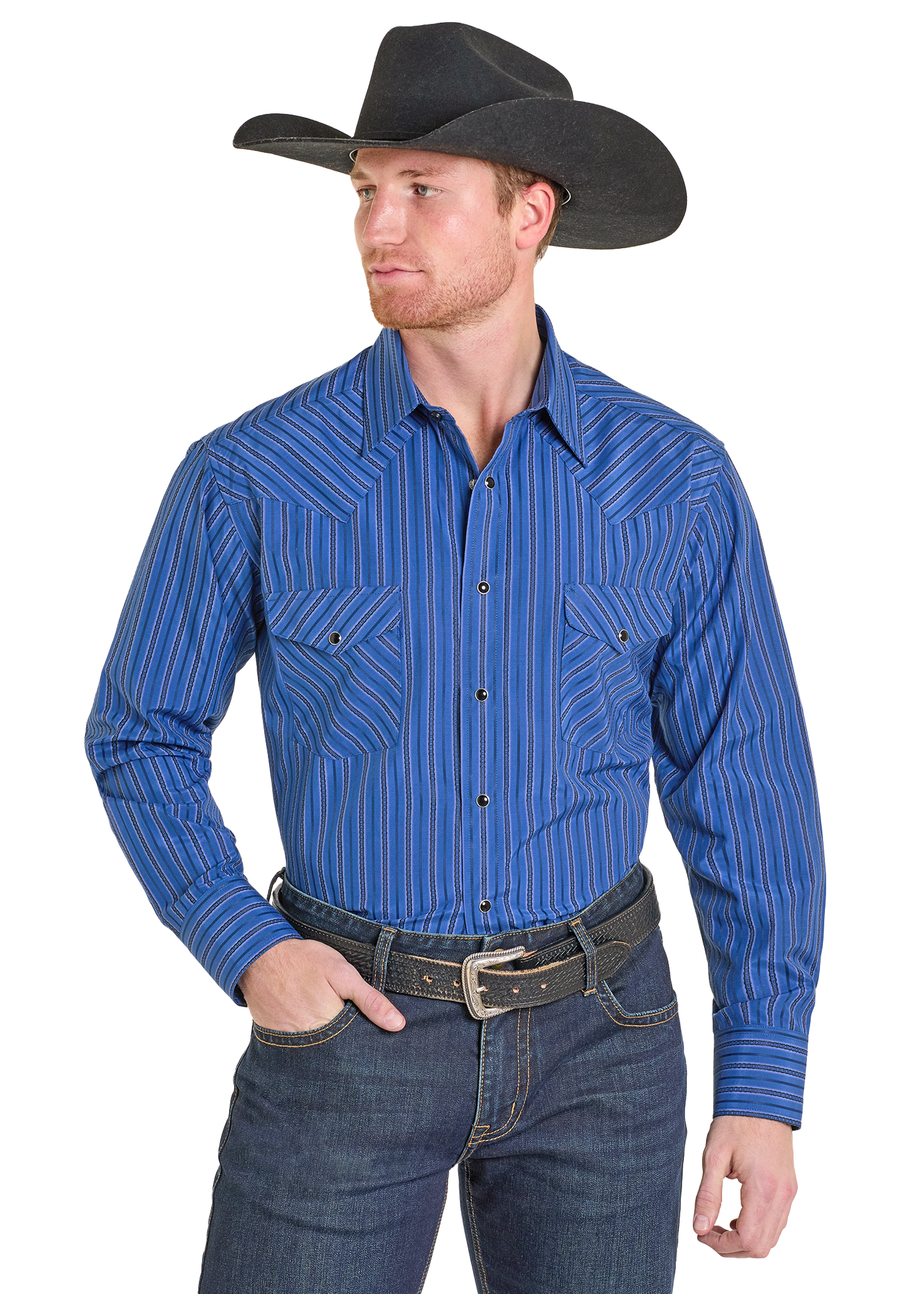 Man wearing a blue striped shirt, black cowboy hat, and jeans on a white background