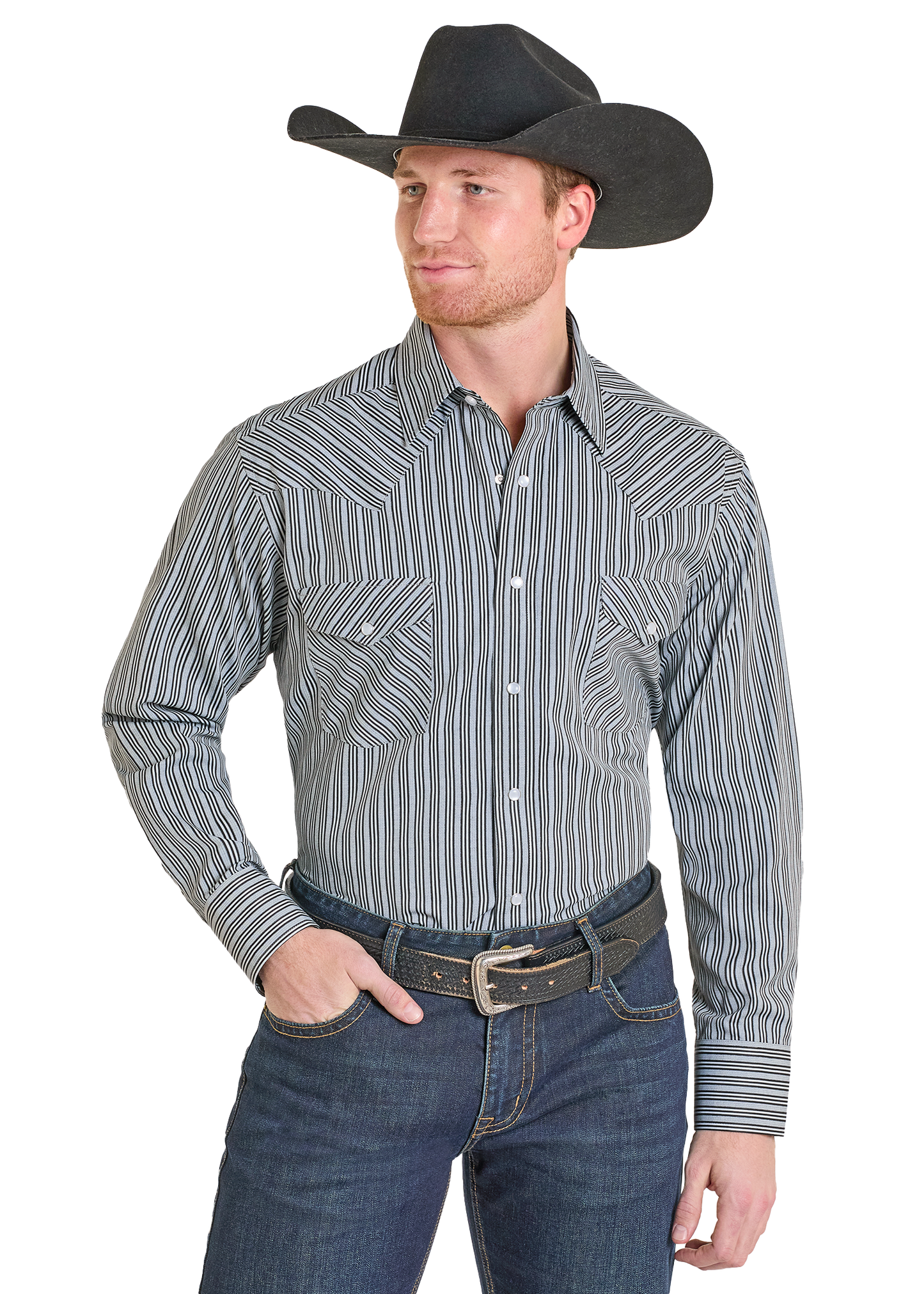 Man wearing a striped shirt, jeans, and a cowboy hat on a white background