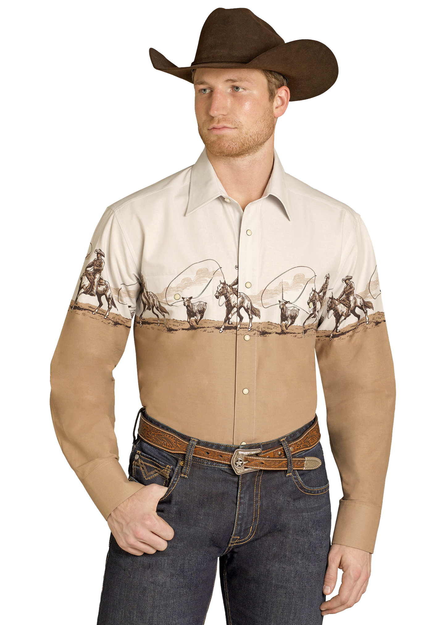 Man wearing a cowboy hat and a shirt with a horse and rider design on a white background