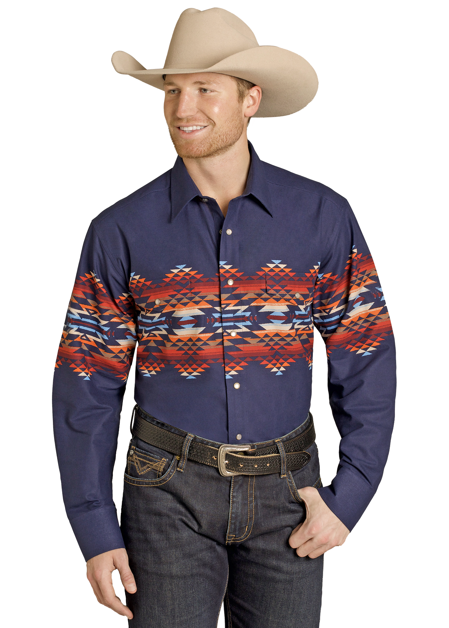 Man wearing a navy blue shirt with a colorful pattern, jeans, and a cowboy hat on a white background