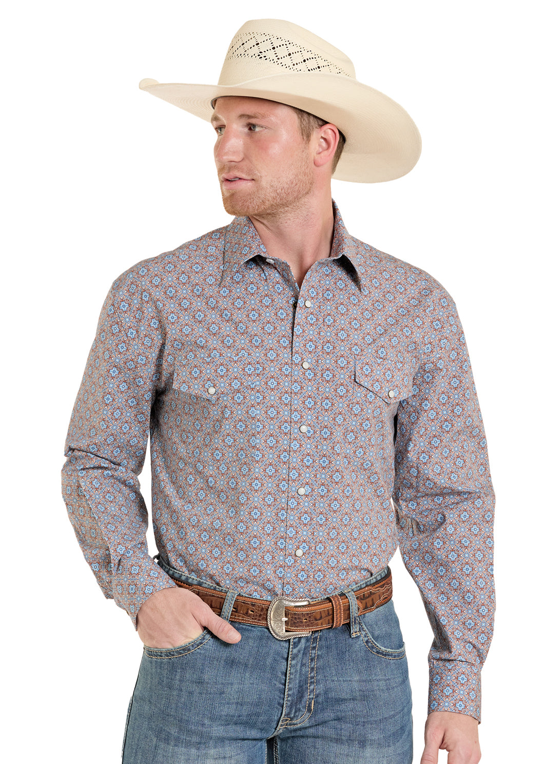 Man wearing a patterned shirt, jeans, and a cowboy hat on a white background