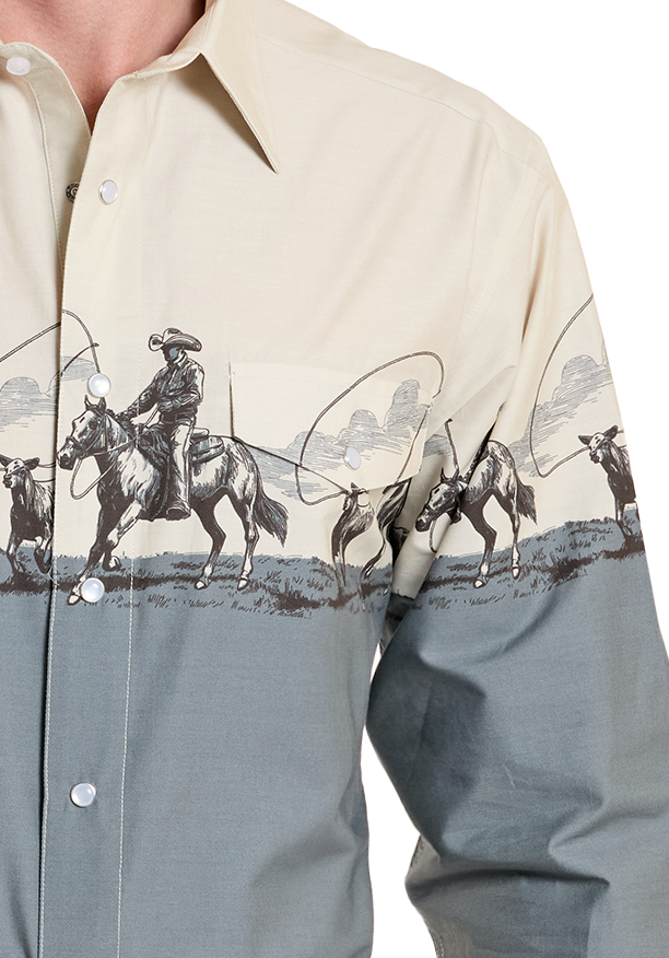 Man wearing a patterned long-sleeve shirt with cowboy hat and jeans on a white background