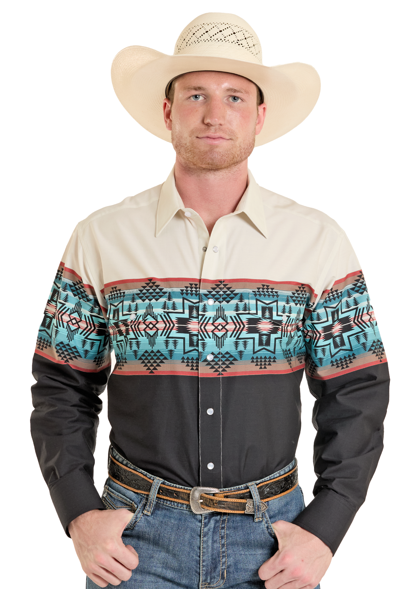 Man wearing a aztec patterned western shirt and cowboy hat