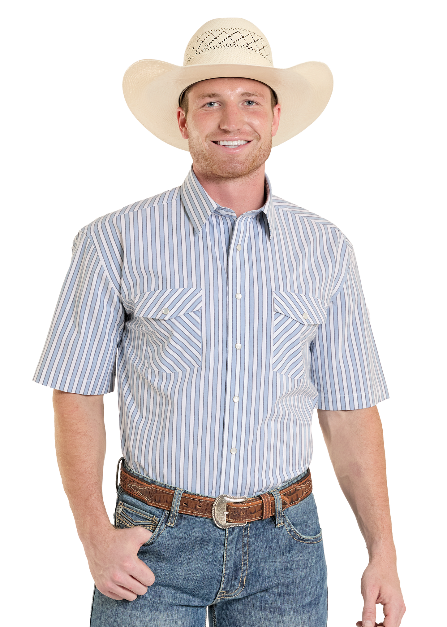 Man wearing a blue striped snap shirt and a cowboy hat. 
