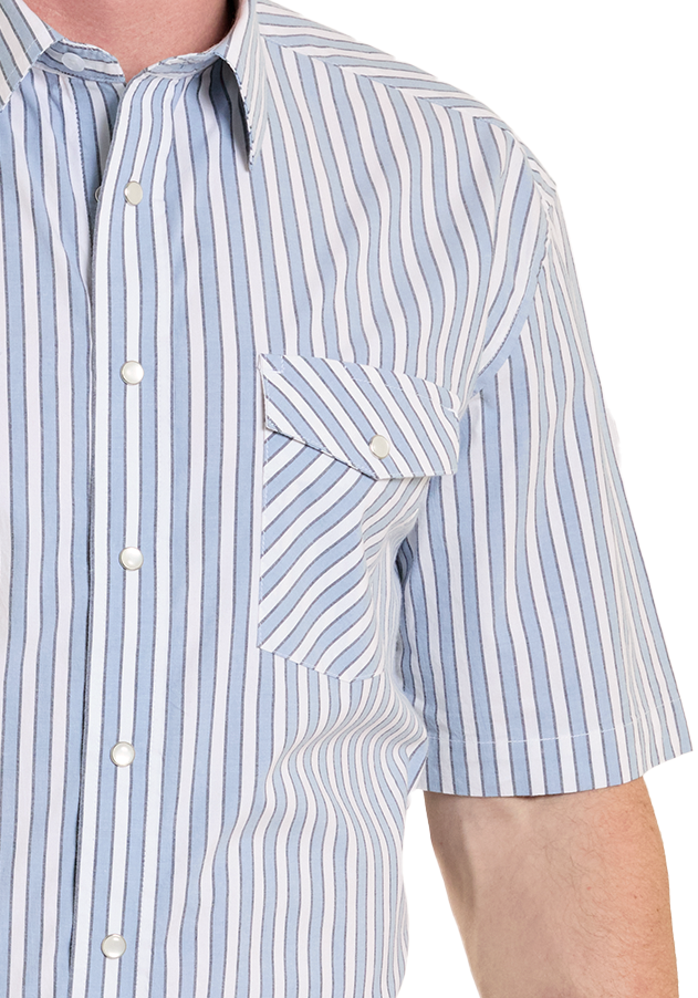 Man wearing a striped shirt, cowboy hat, and jeans on a white background