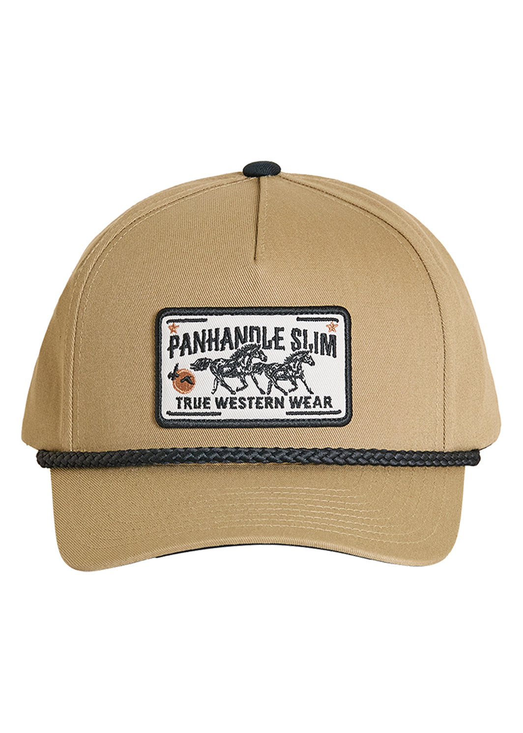 Tan cap with a Panhandle Slim patch on a white background