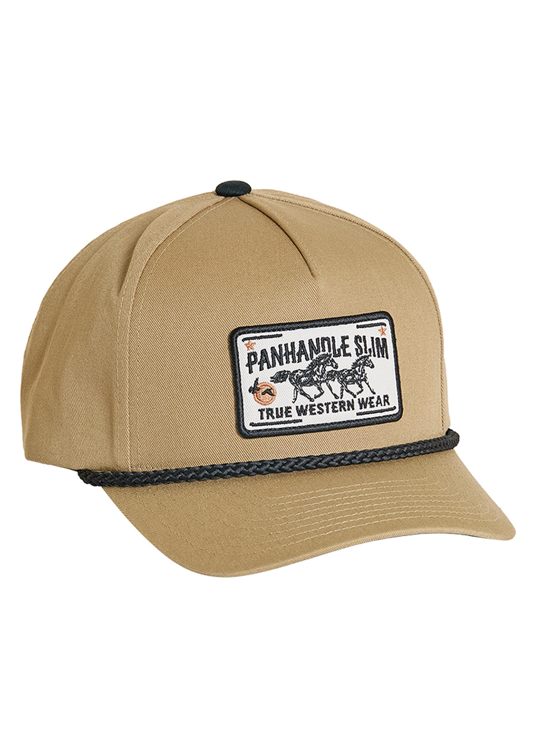 Tan cap with a Panhandle Slim patch on a white background