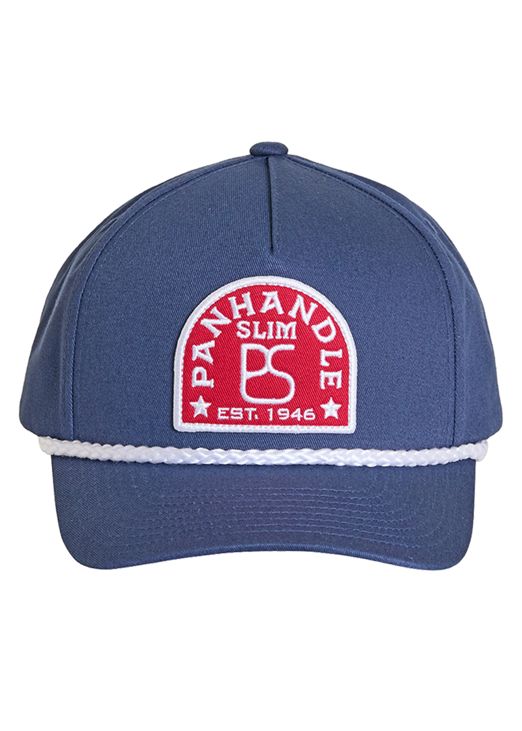 Blue cap with a red and white logo on a white background