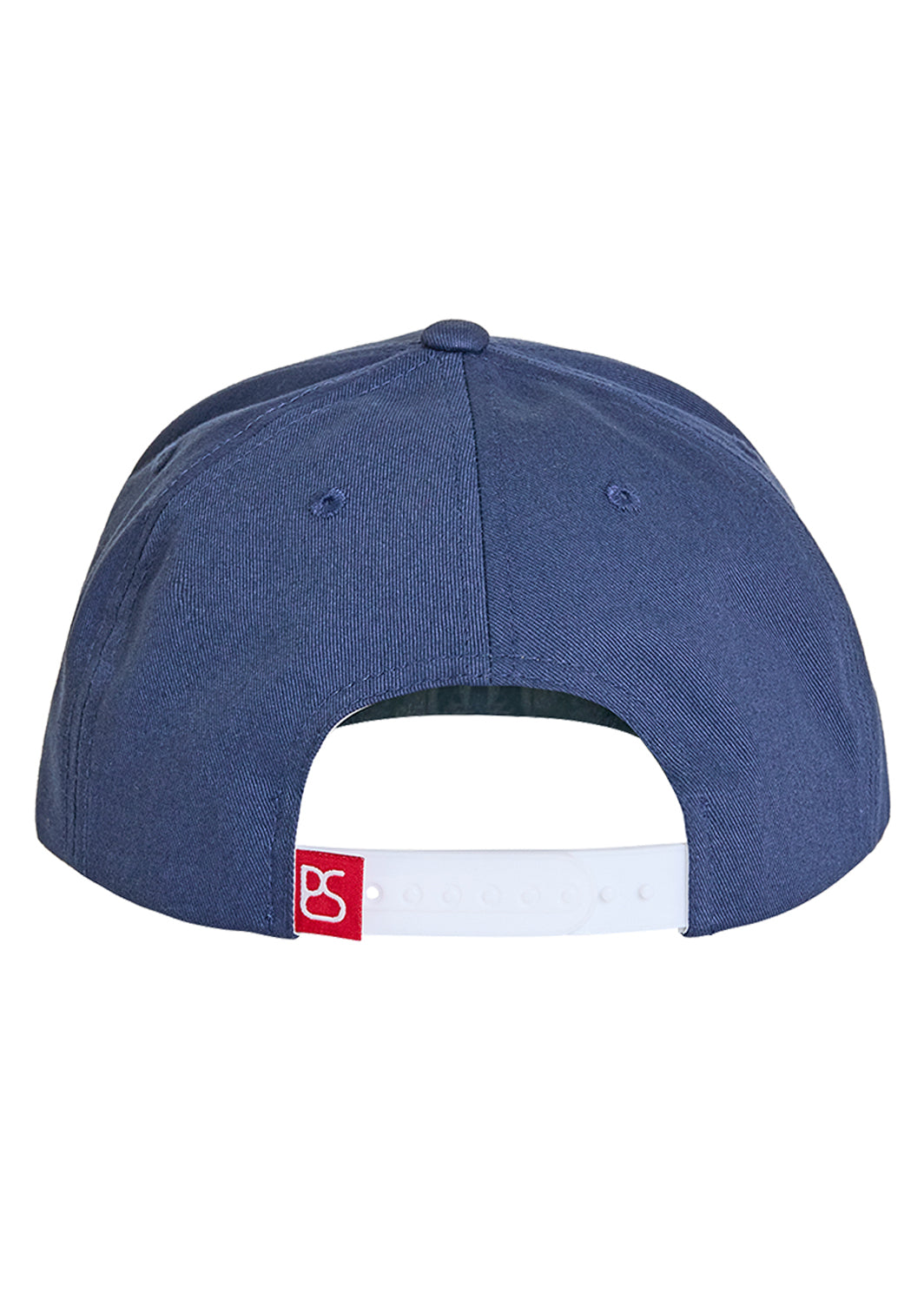 Blue cap with a red and white logo tag on a white background