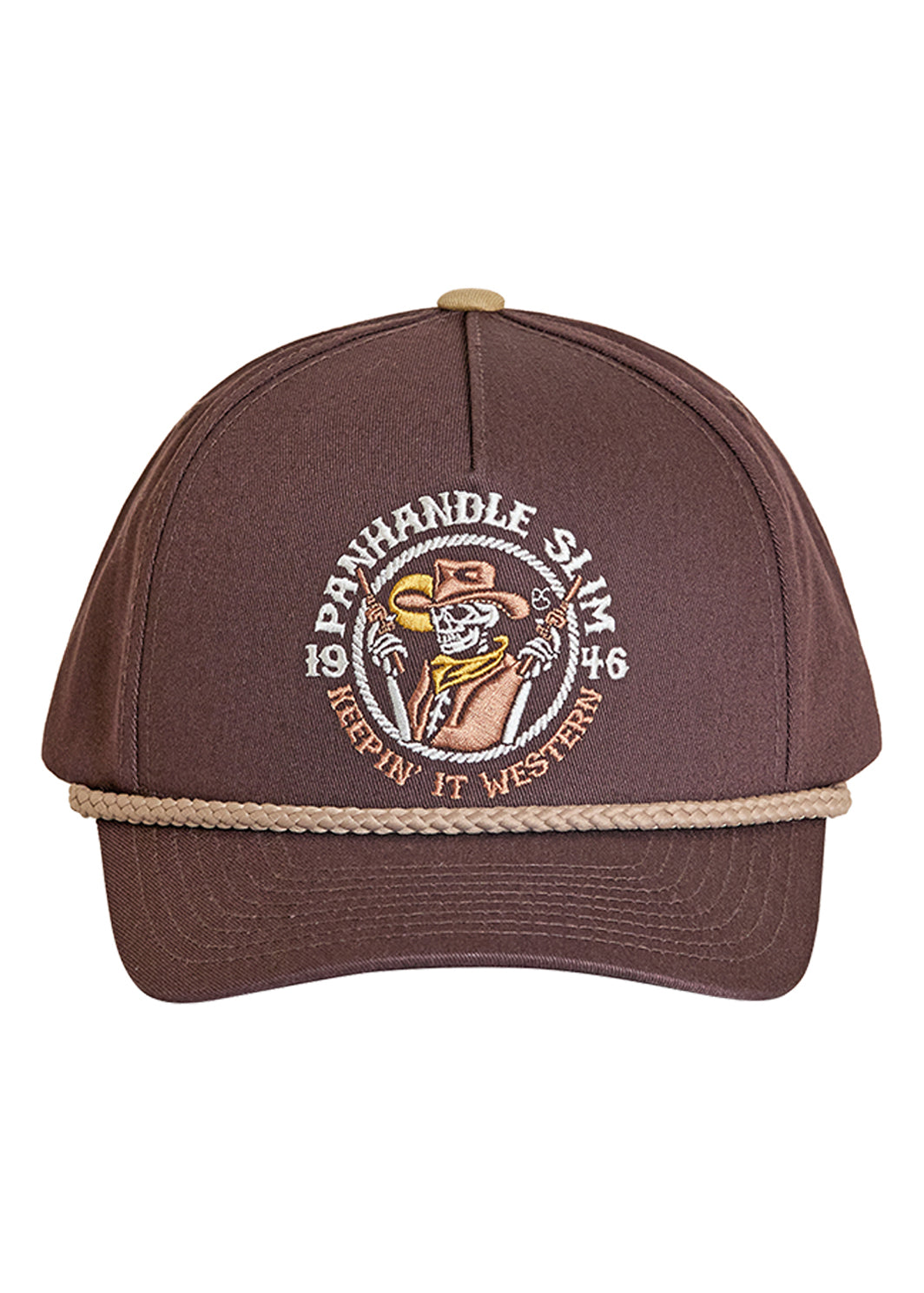 Brown cap with embroidered logo on a white background