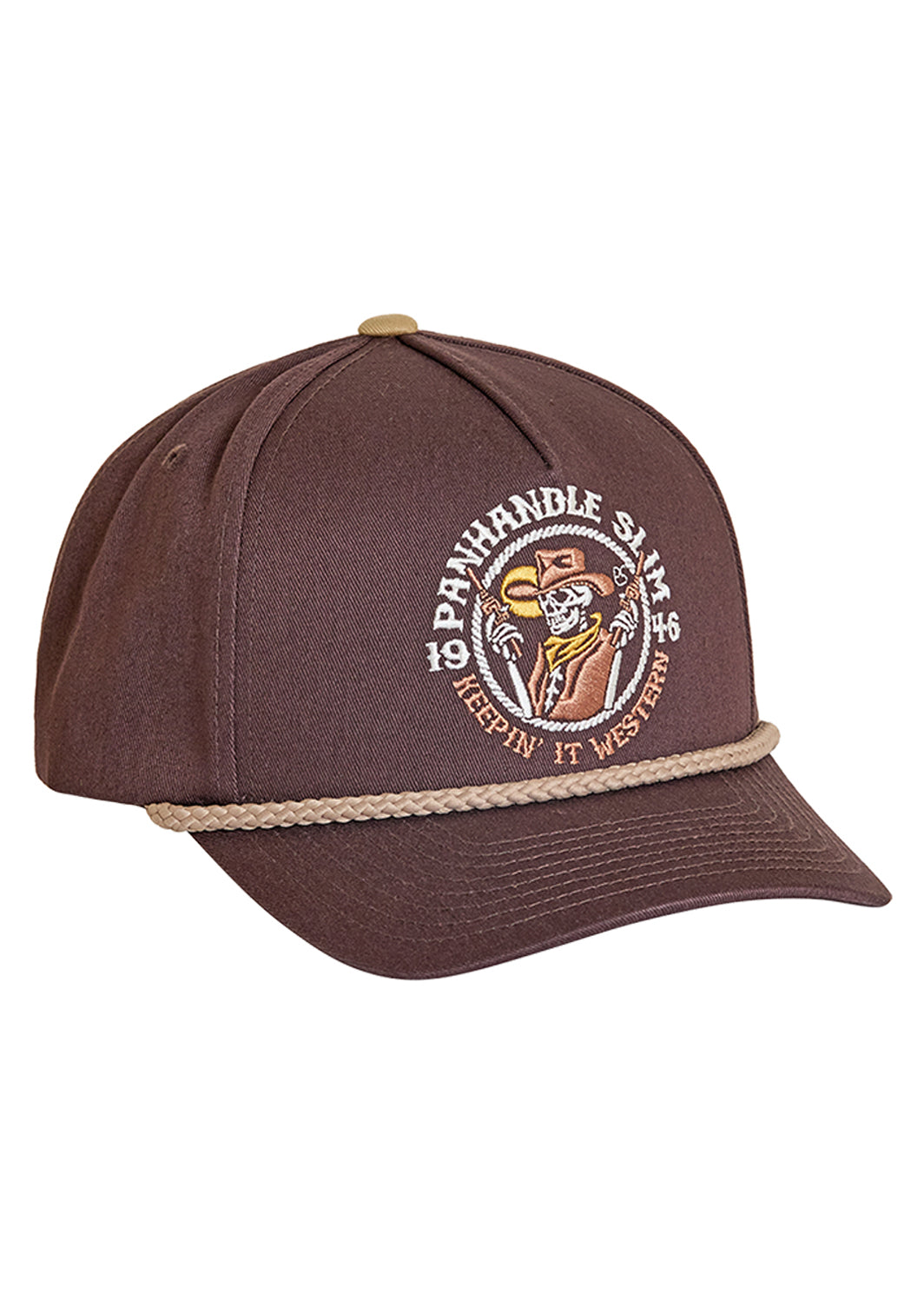 Brown cap with logo and text on a white background