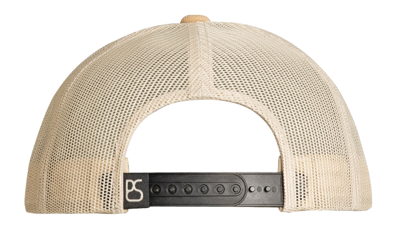 Beige mesh cap with a black adjustable strap on a white background