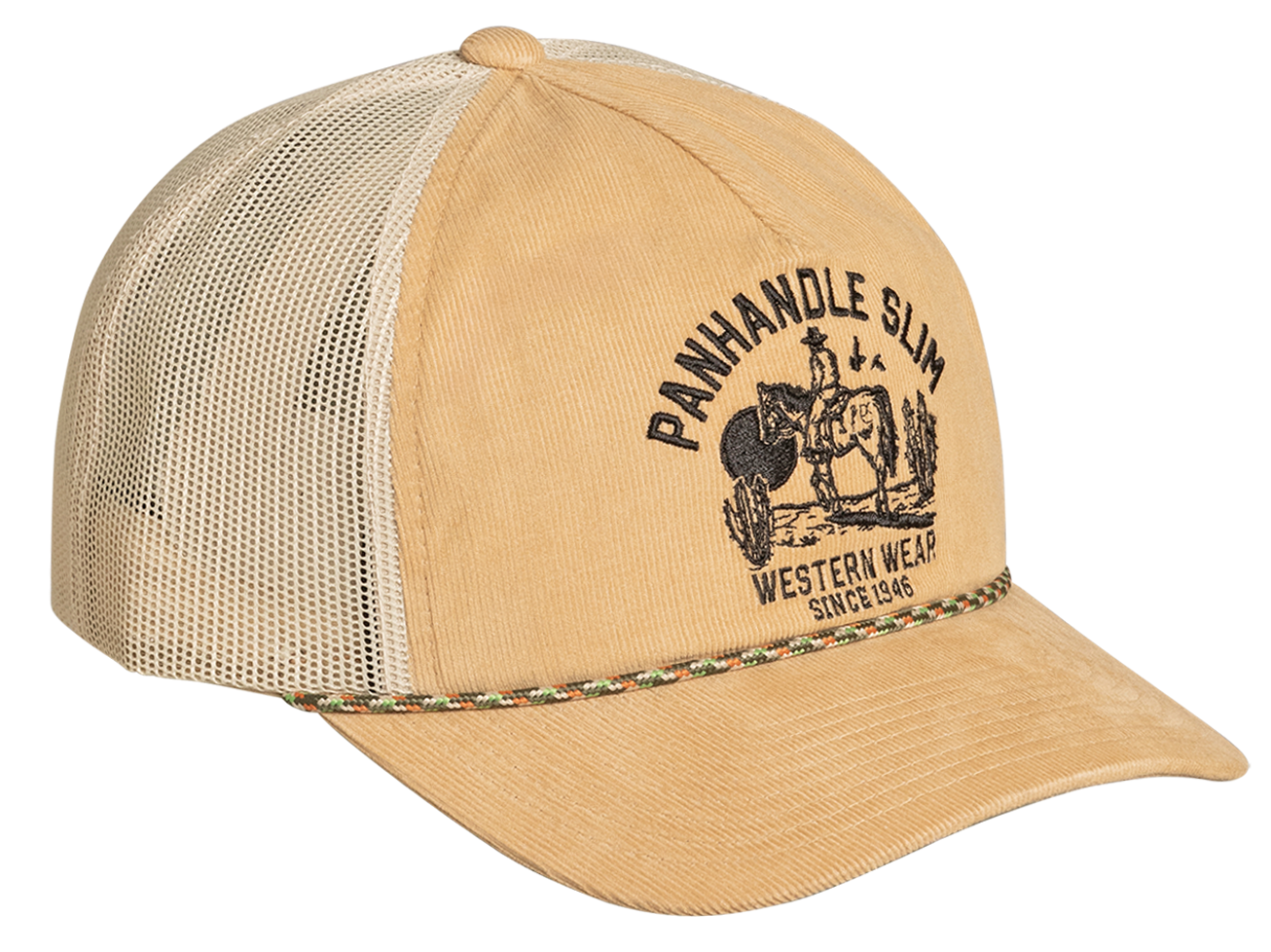 Beige trucker hat with a logo on a white background