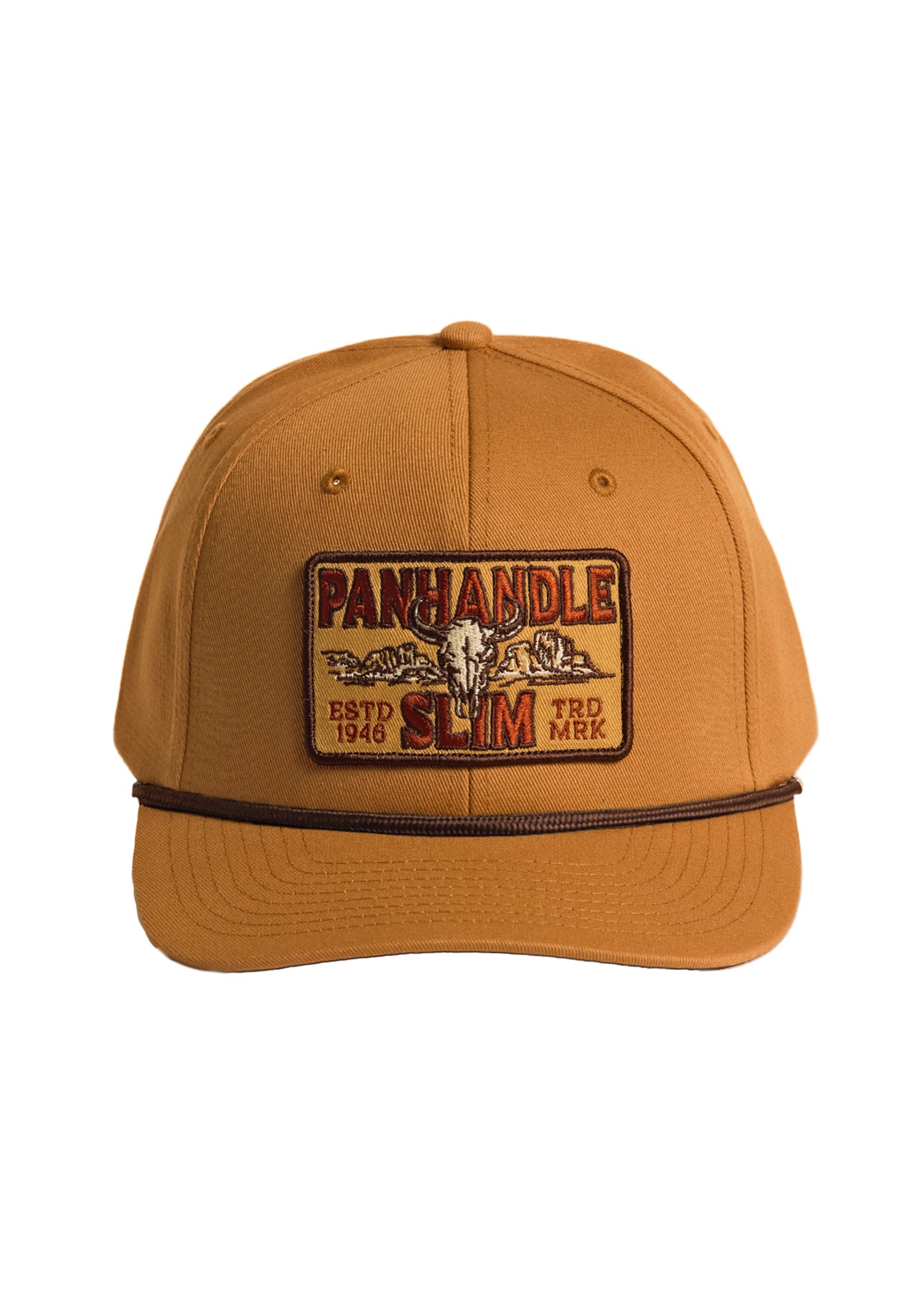 Brown cap with a logo and text on a white background