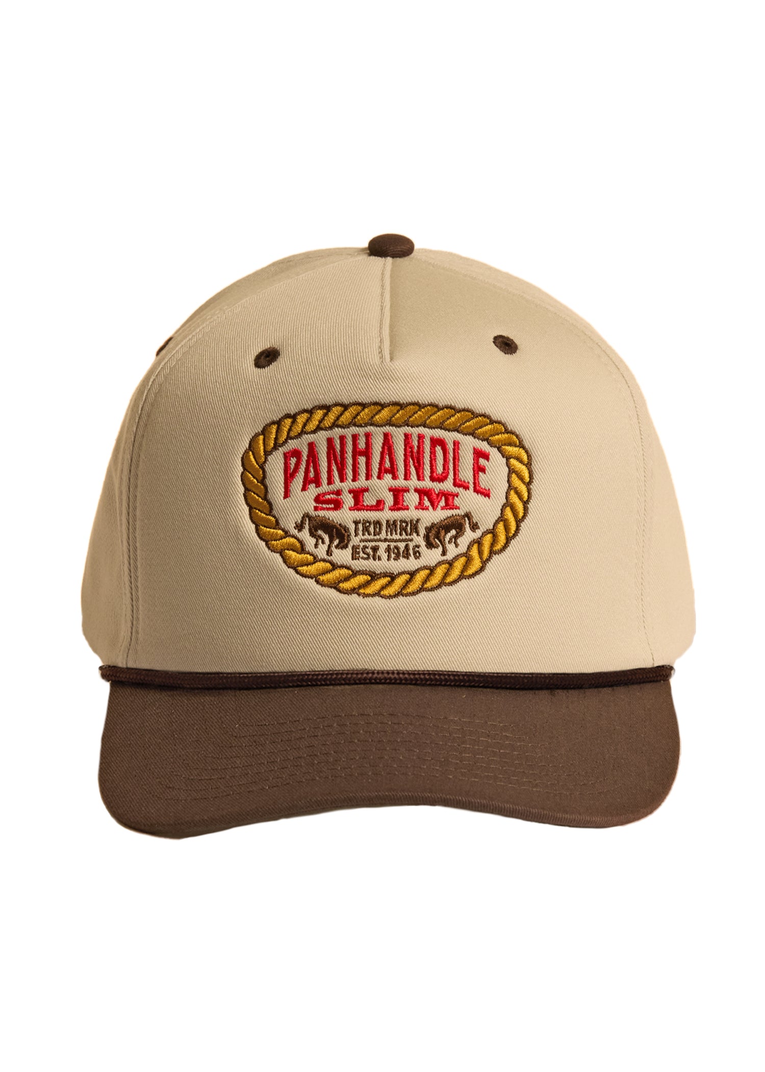 Beige and brown cap with Panhandle Slim logo on a white background