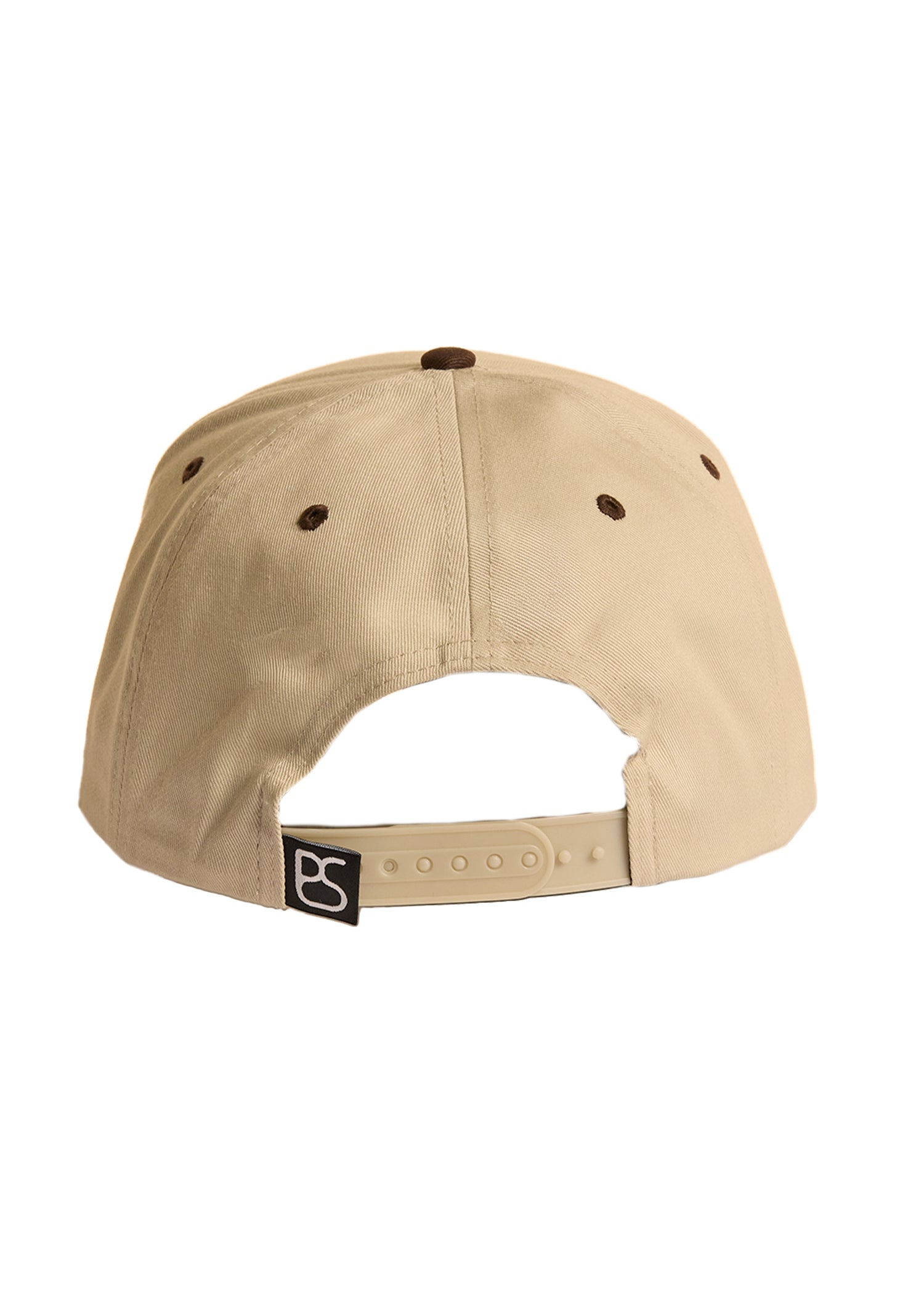 Beige cap with a brand logo on a white background