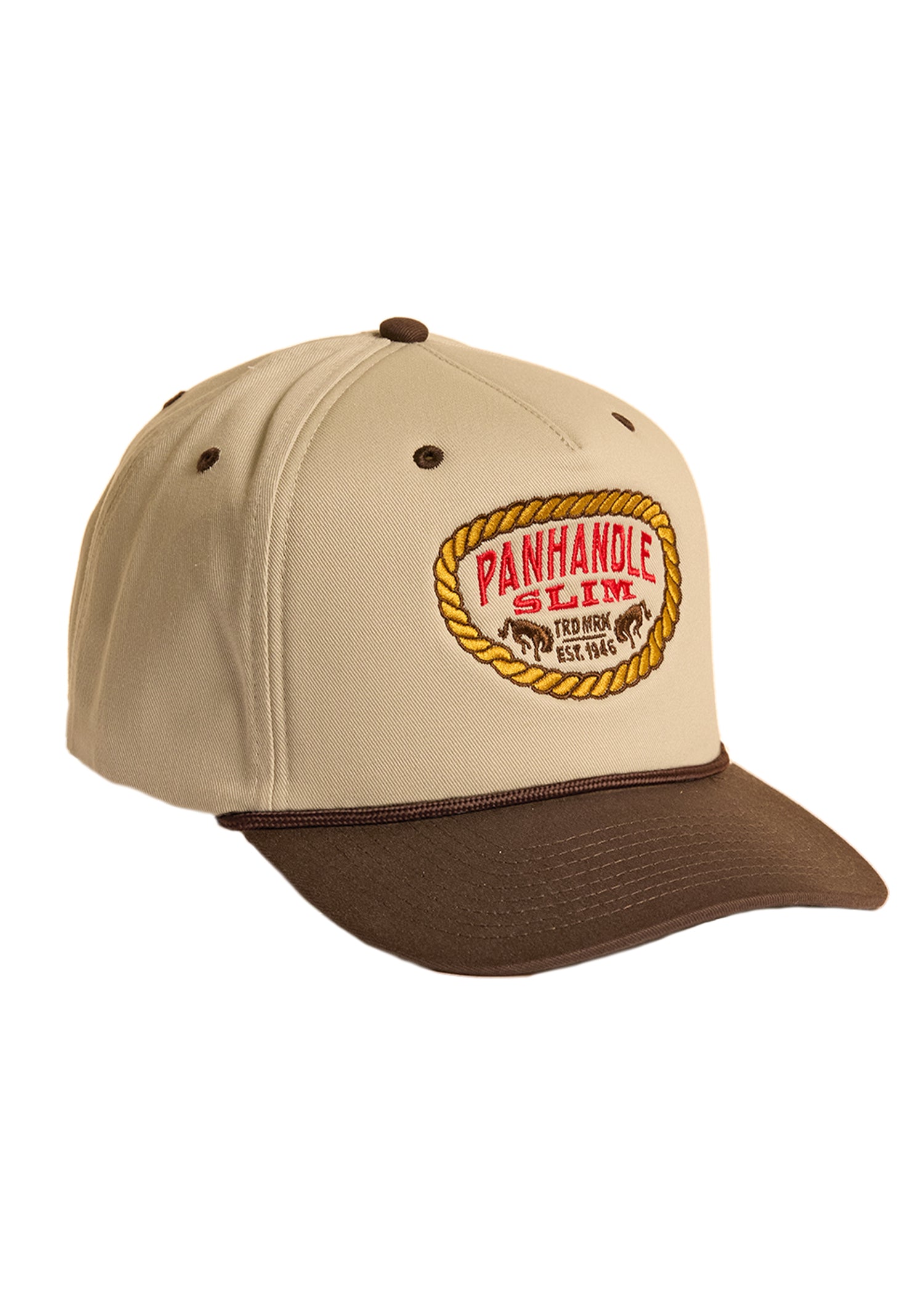 Beige and brown cap with 'Panhandle Slim' logo on a white background