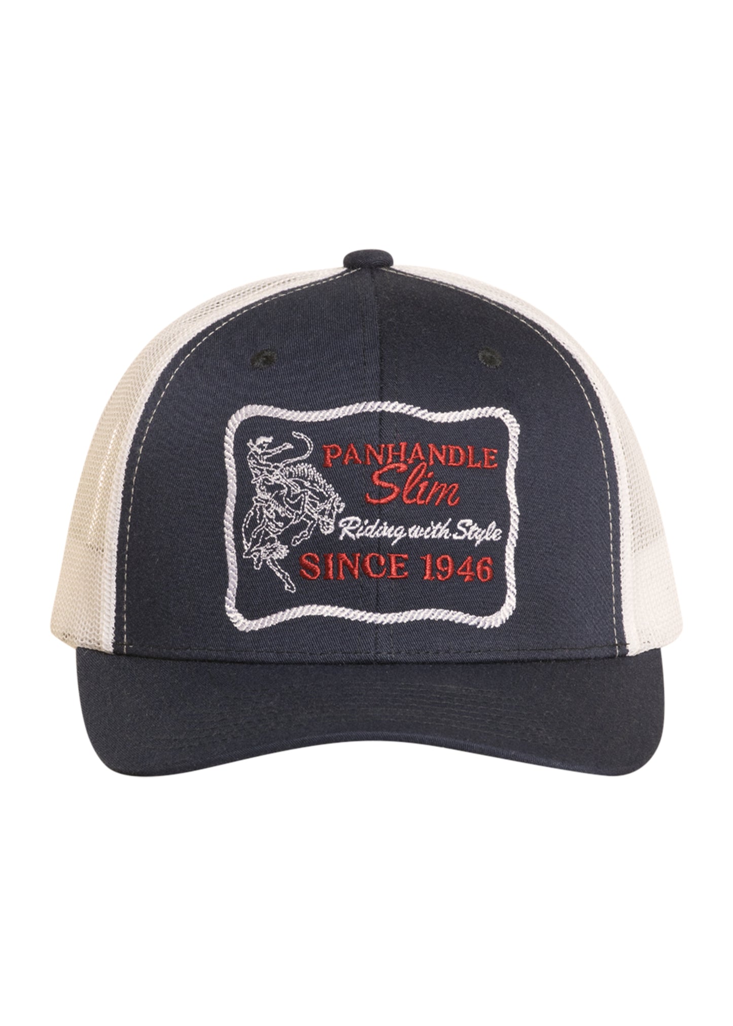 Navy and beige cap with 'Panhandle Slim' logo on a white background