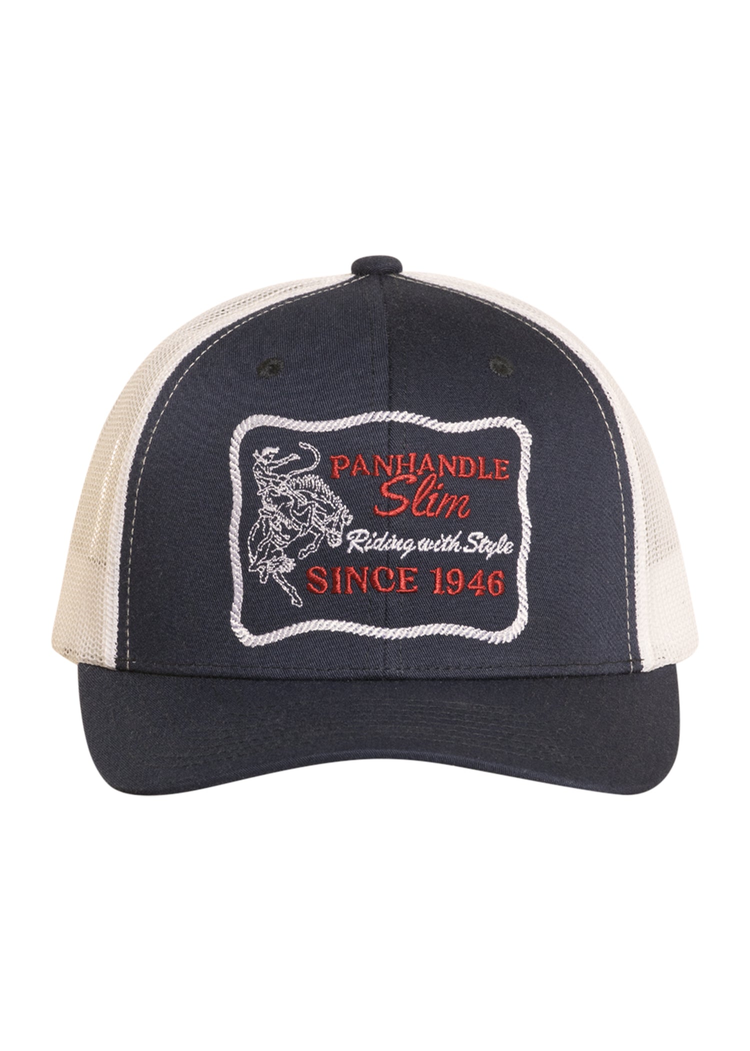 Navy and beige cap with 'Panhandle Slim' logo on a white background