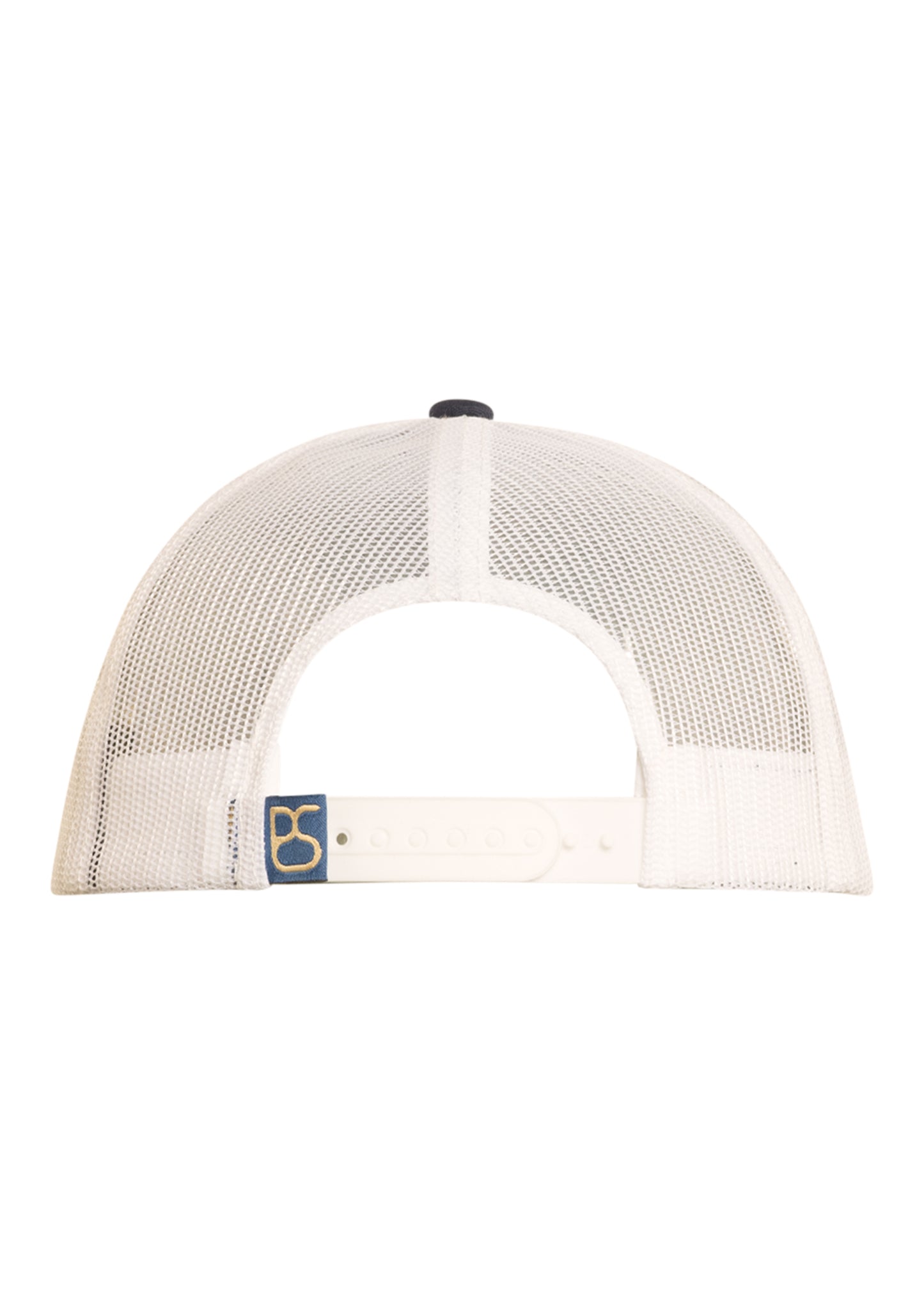 White mesh cap with a small logo on a white background