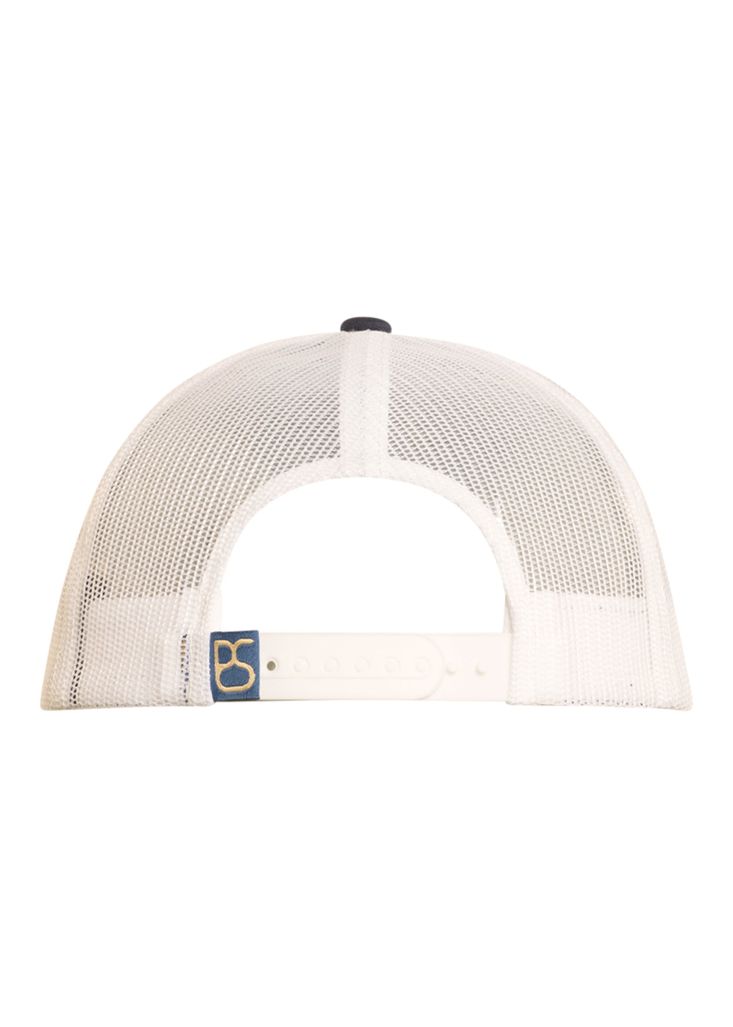 White mesh cap with a small logo on a white background