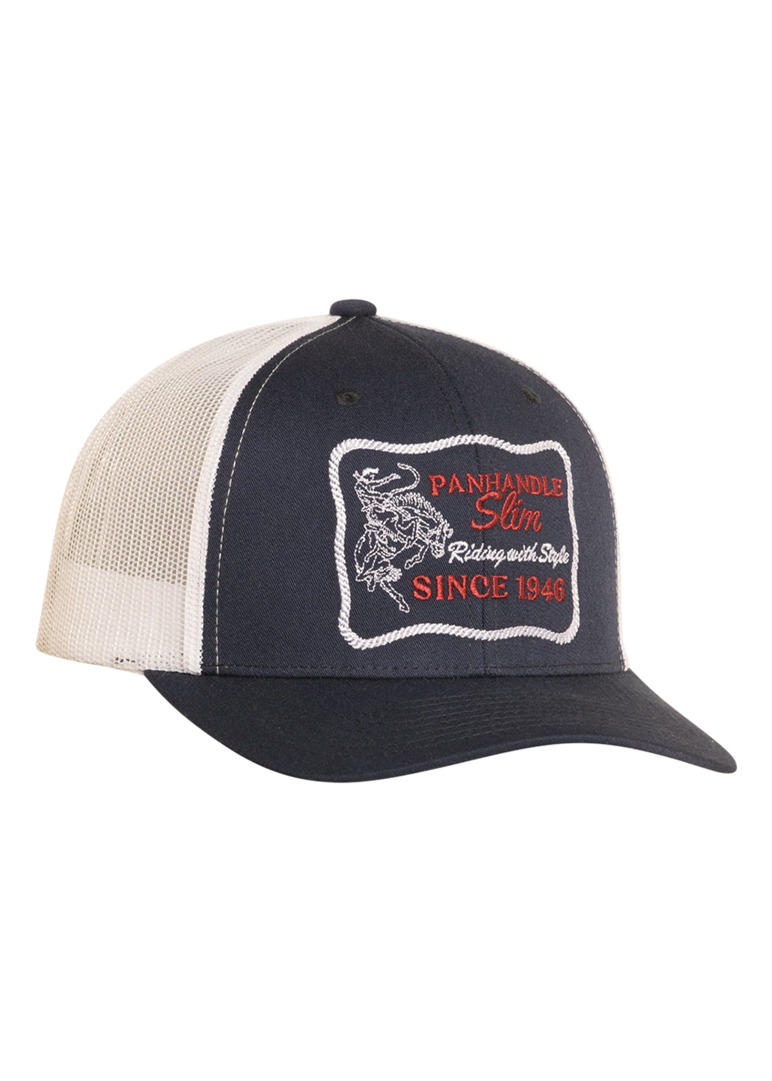 Black and beige cap with Panhandle Slim logo on a white background