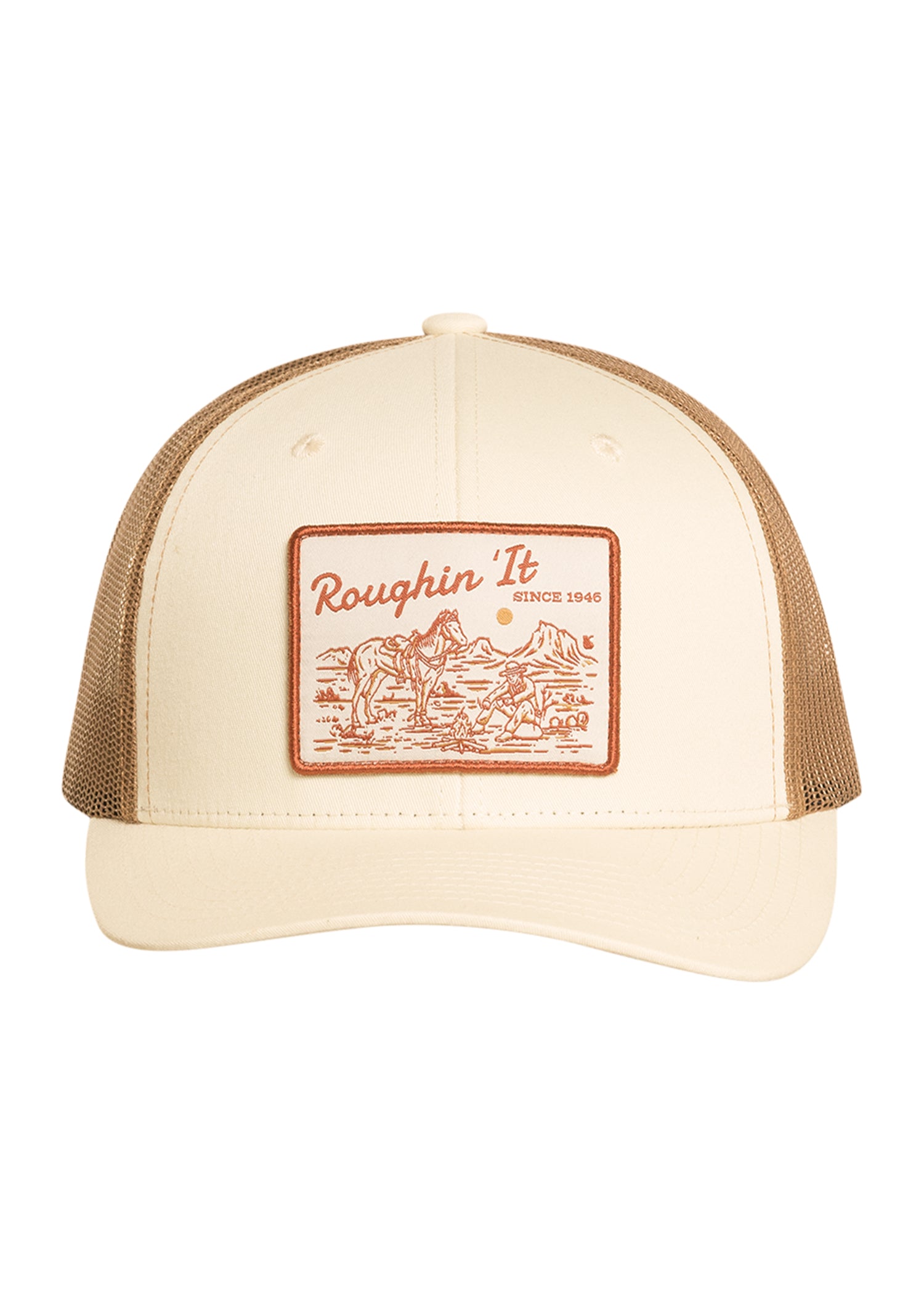 Beige and brown trucker hat with 'Roughin It' logo on a white background