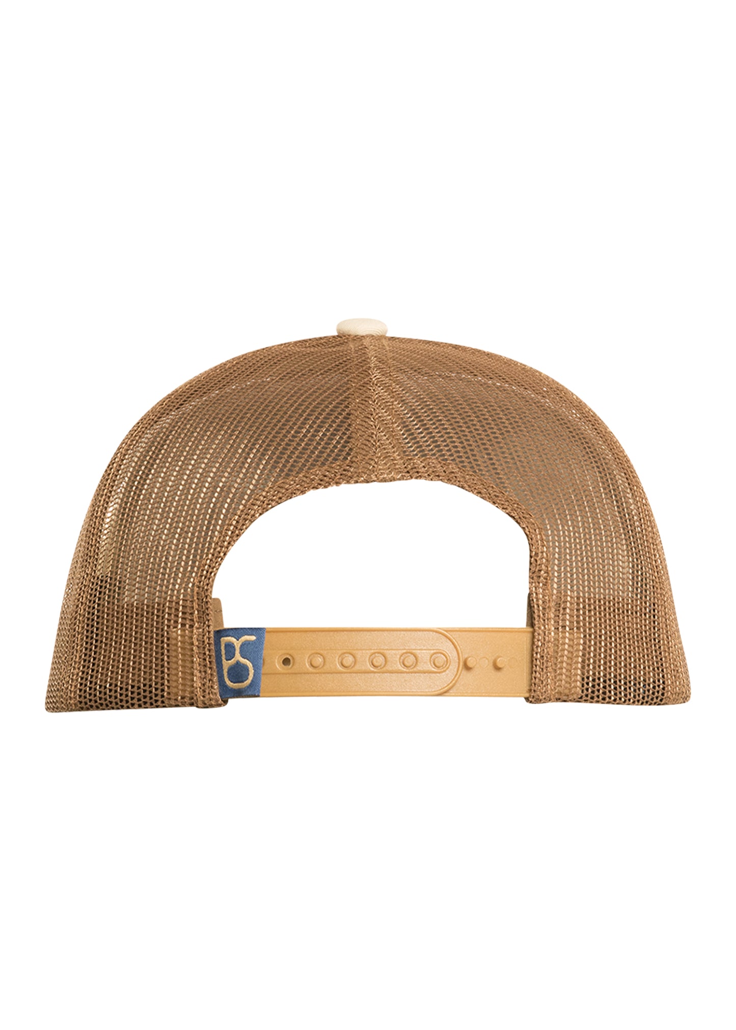 Brown mesh cap with a blue and gold logo on a white background